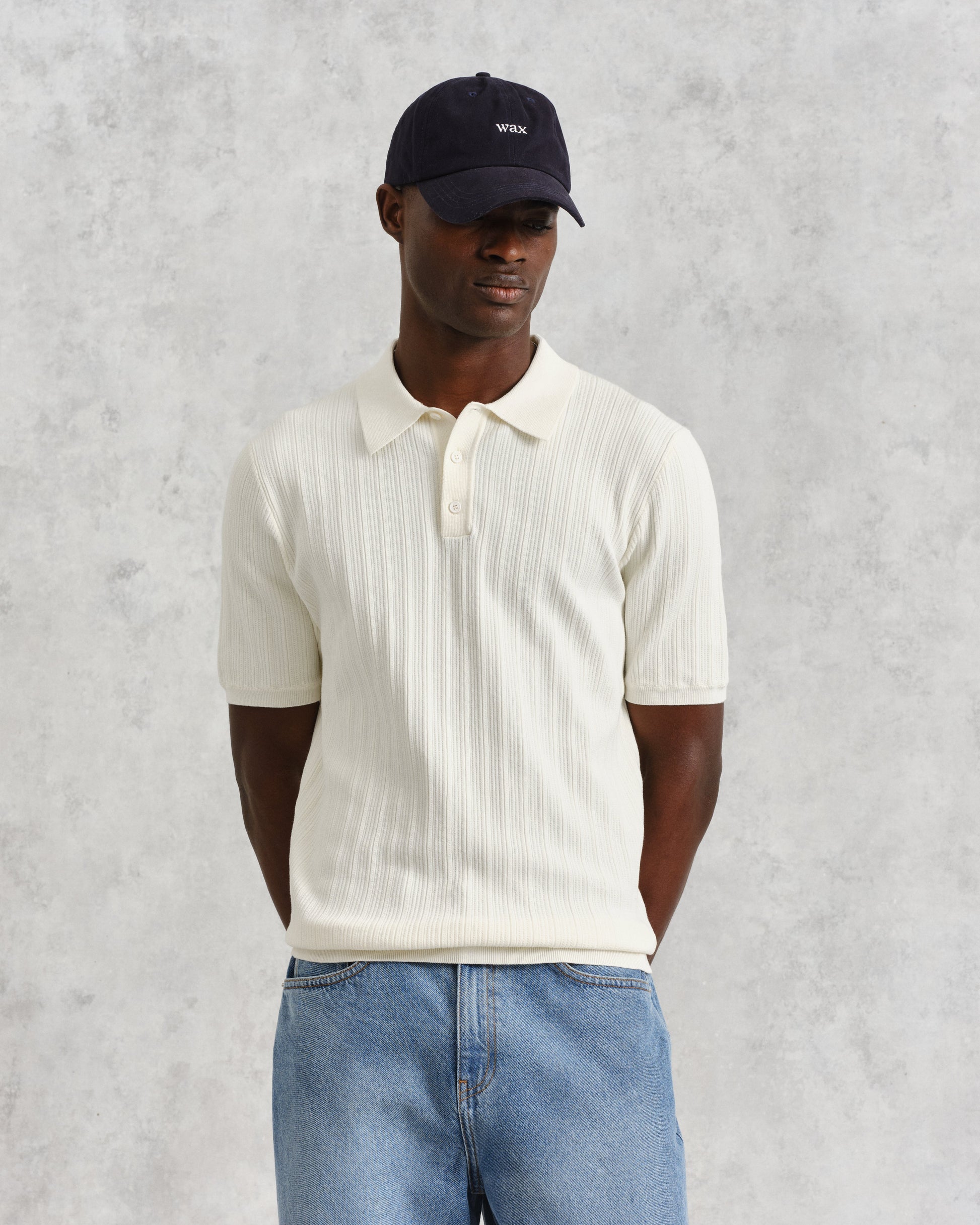 wax london men's Naples - Ecru Textured Knitted Polo Shirt