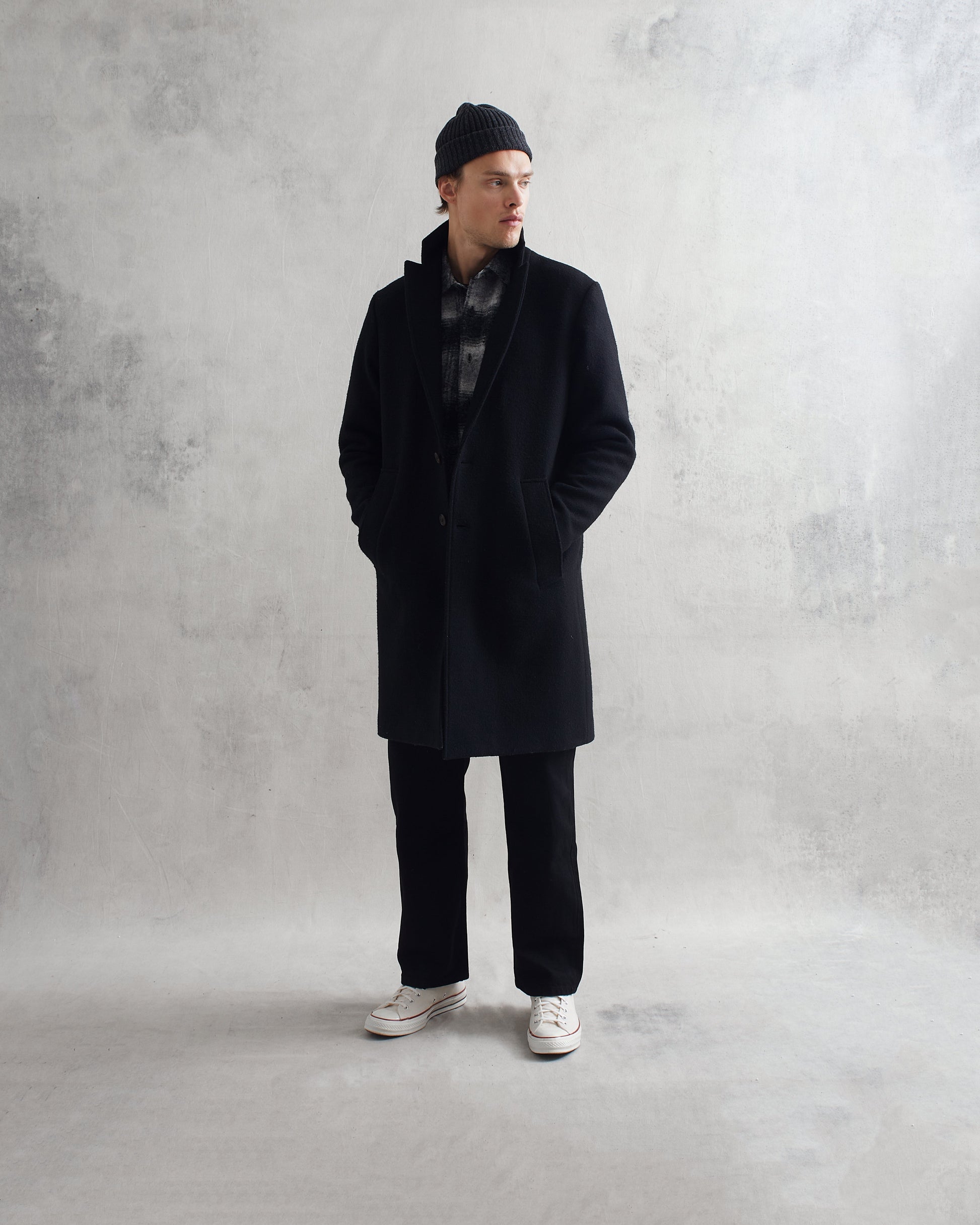 wax london men's Sasso Coat Black Wool