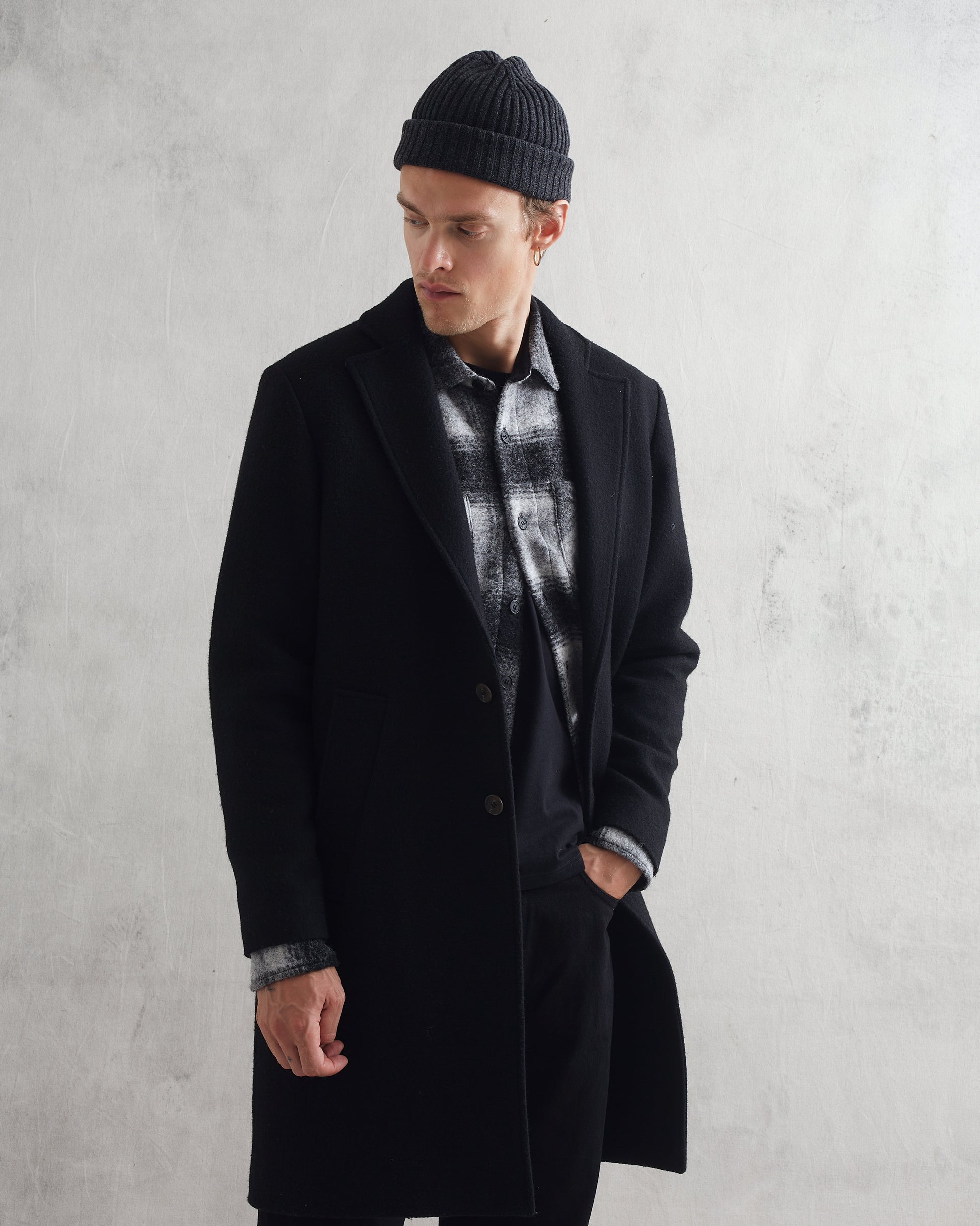 wax london men's Sasso Coat Black Wool