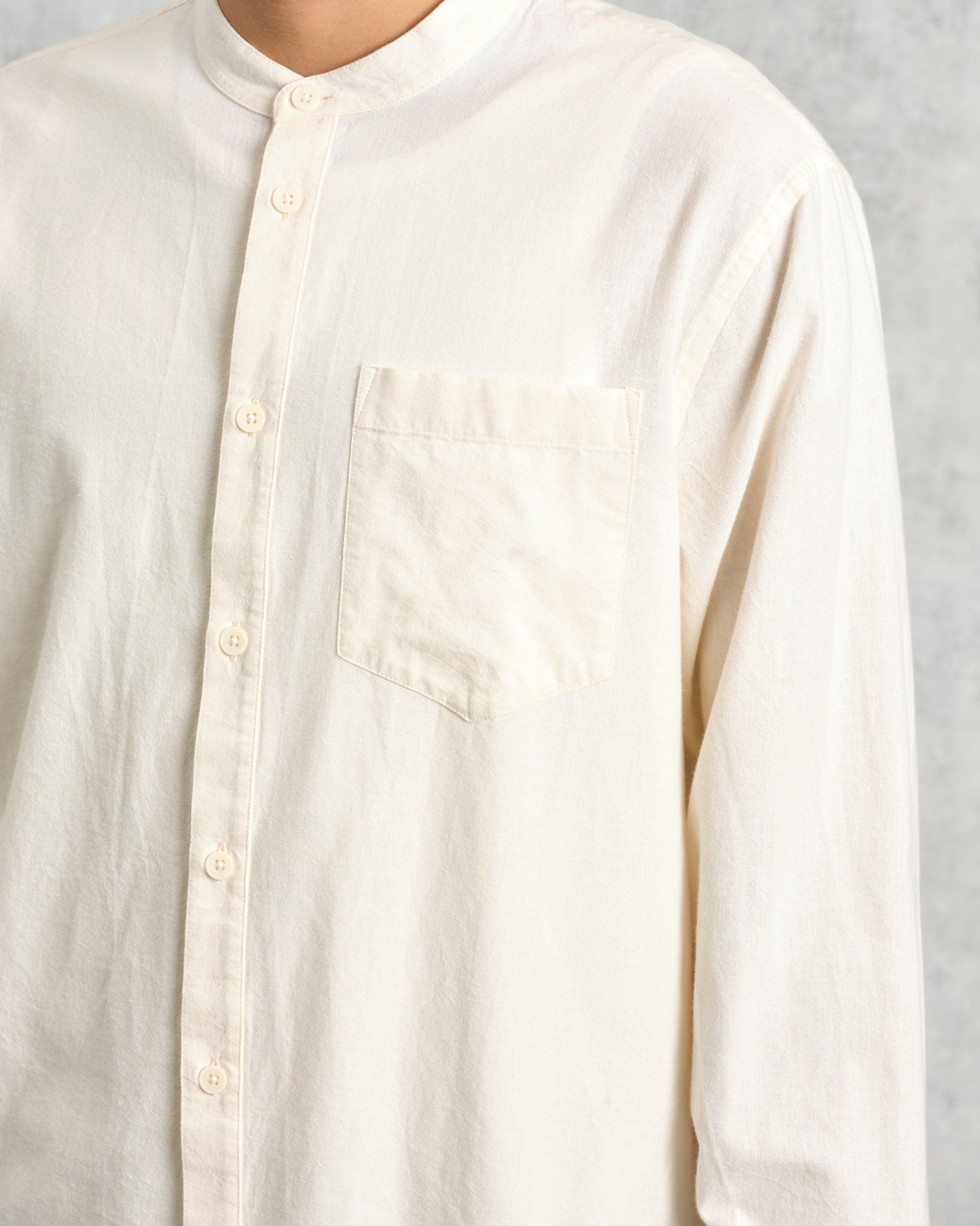 wax london men's Abbot - Ecru Grandad Collar Cotton Chambray Shirt