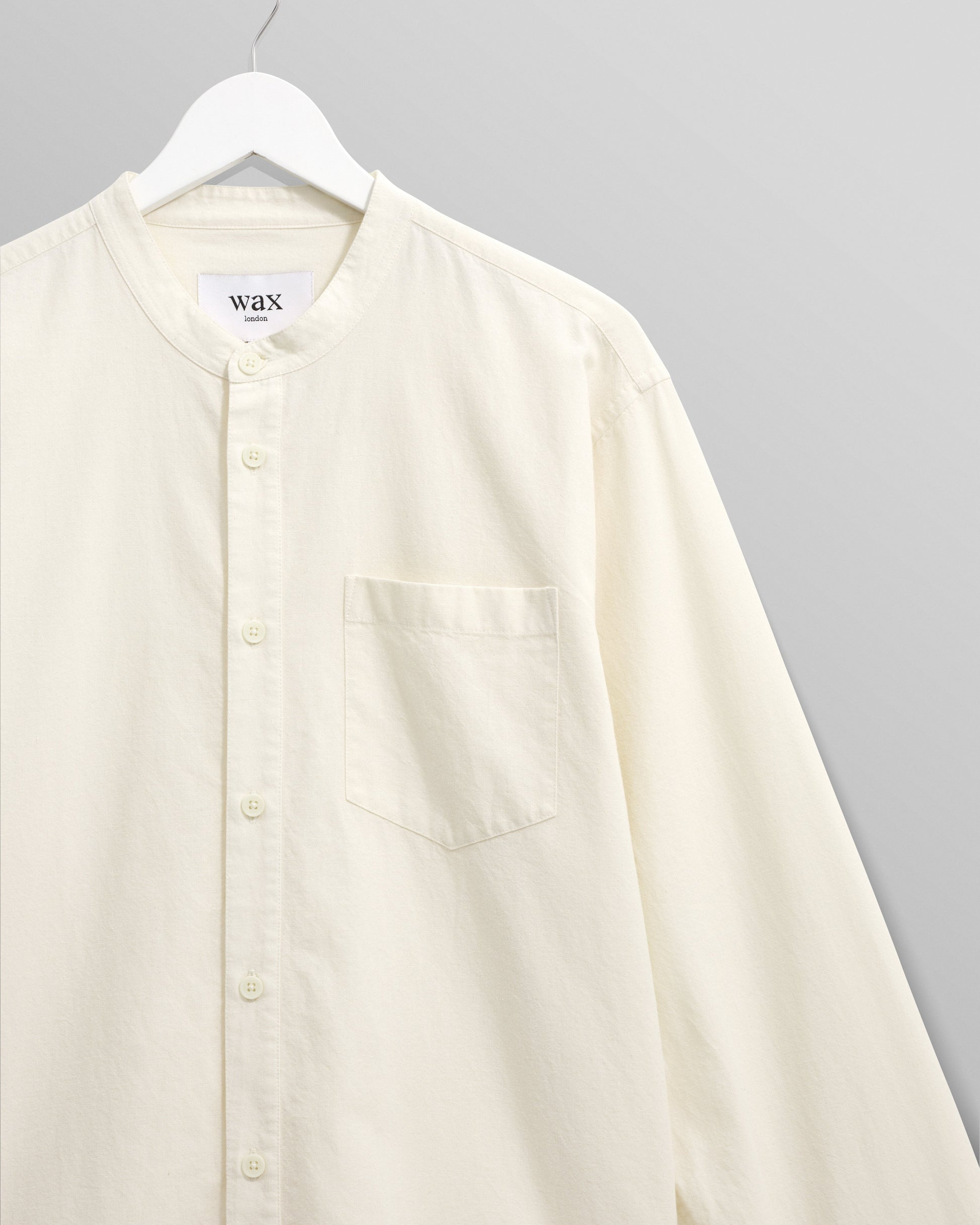 wax london men's Abbot - Ecru Grandad Collar Cotton Chambray Shirt