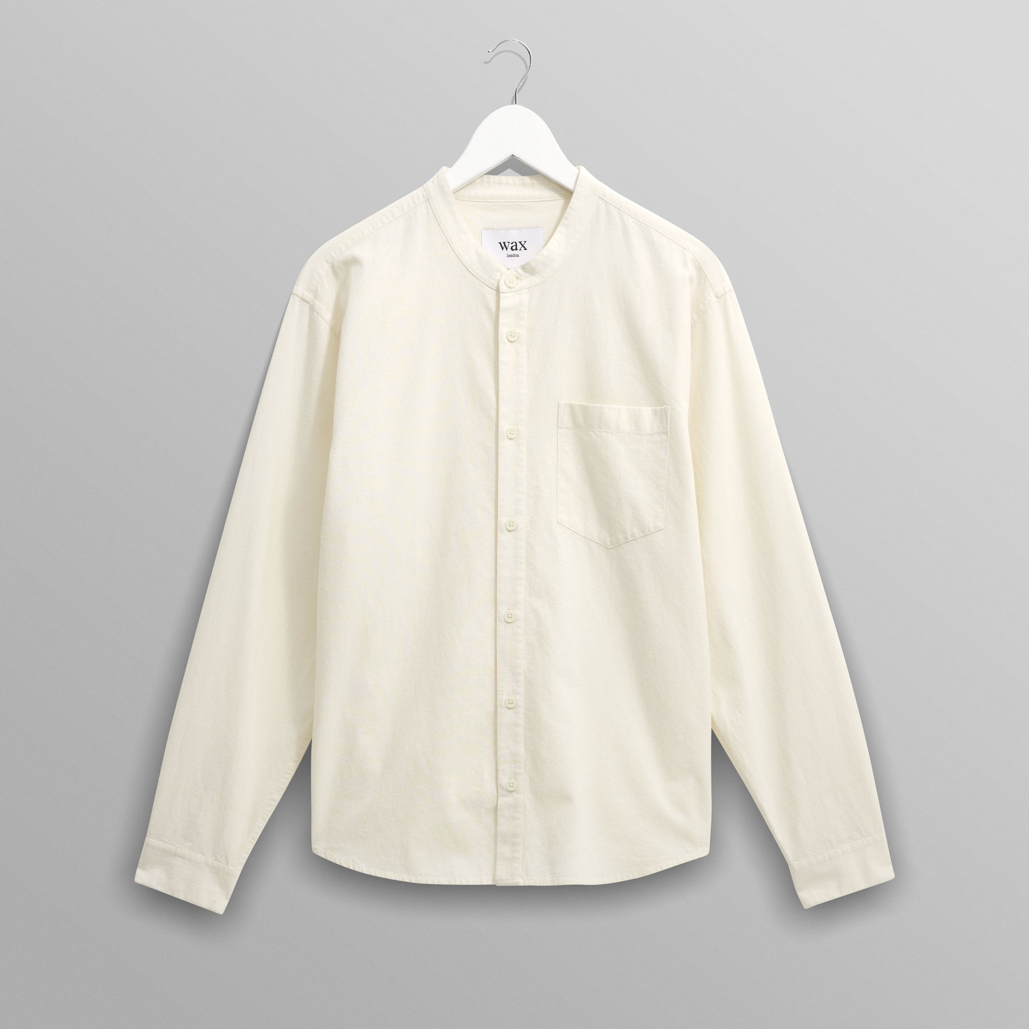 wax london men's Abbot - Ecru Grandad Collar Cotton Chambray Shirt
