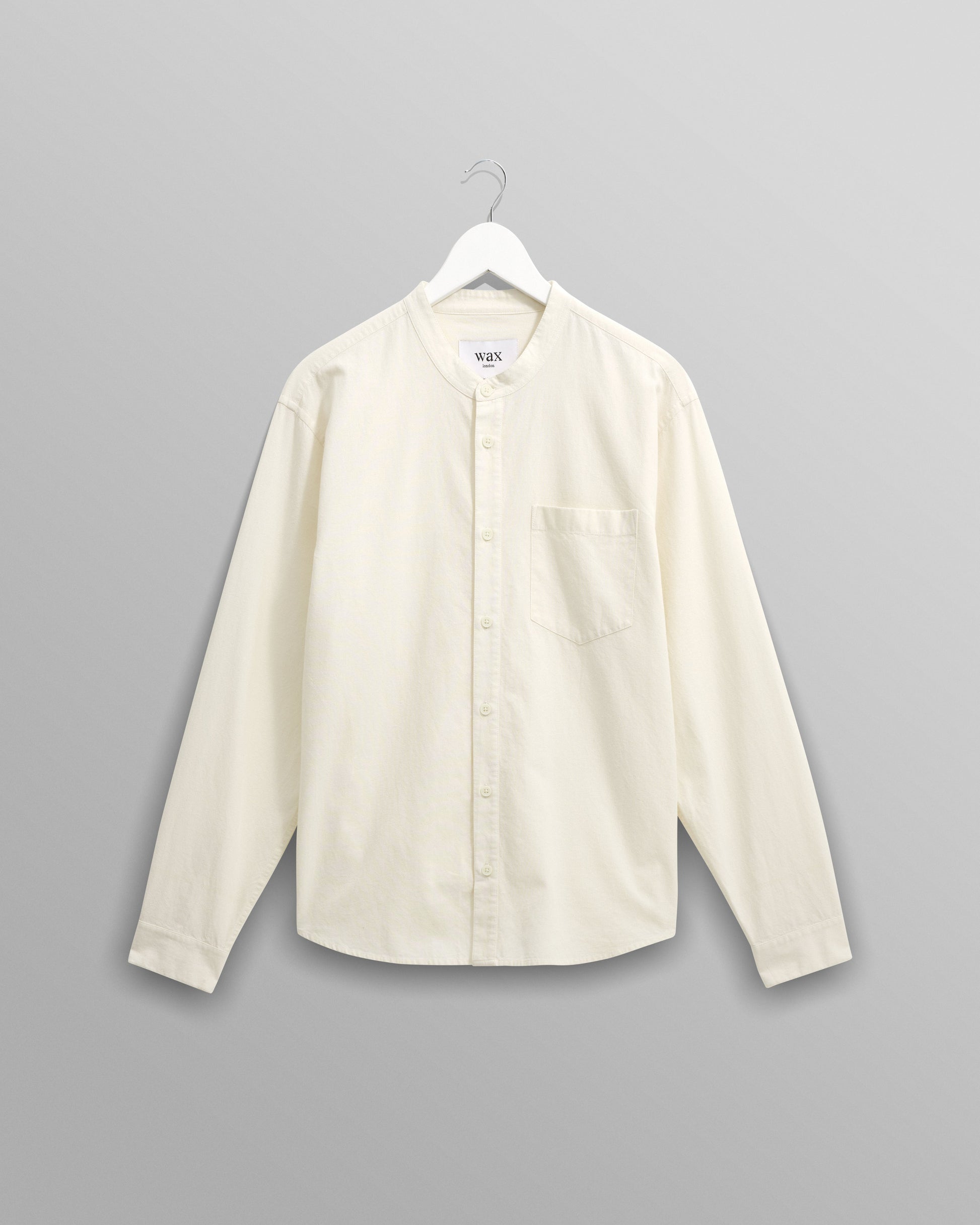 wax london men's Abbot - Ecru Grandad Collar Cotton Chambray Shirt