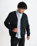 wax london men's Alban - Black And Green Floral Textured Jacquard Cardigan