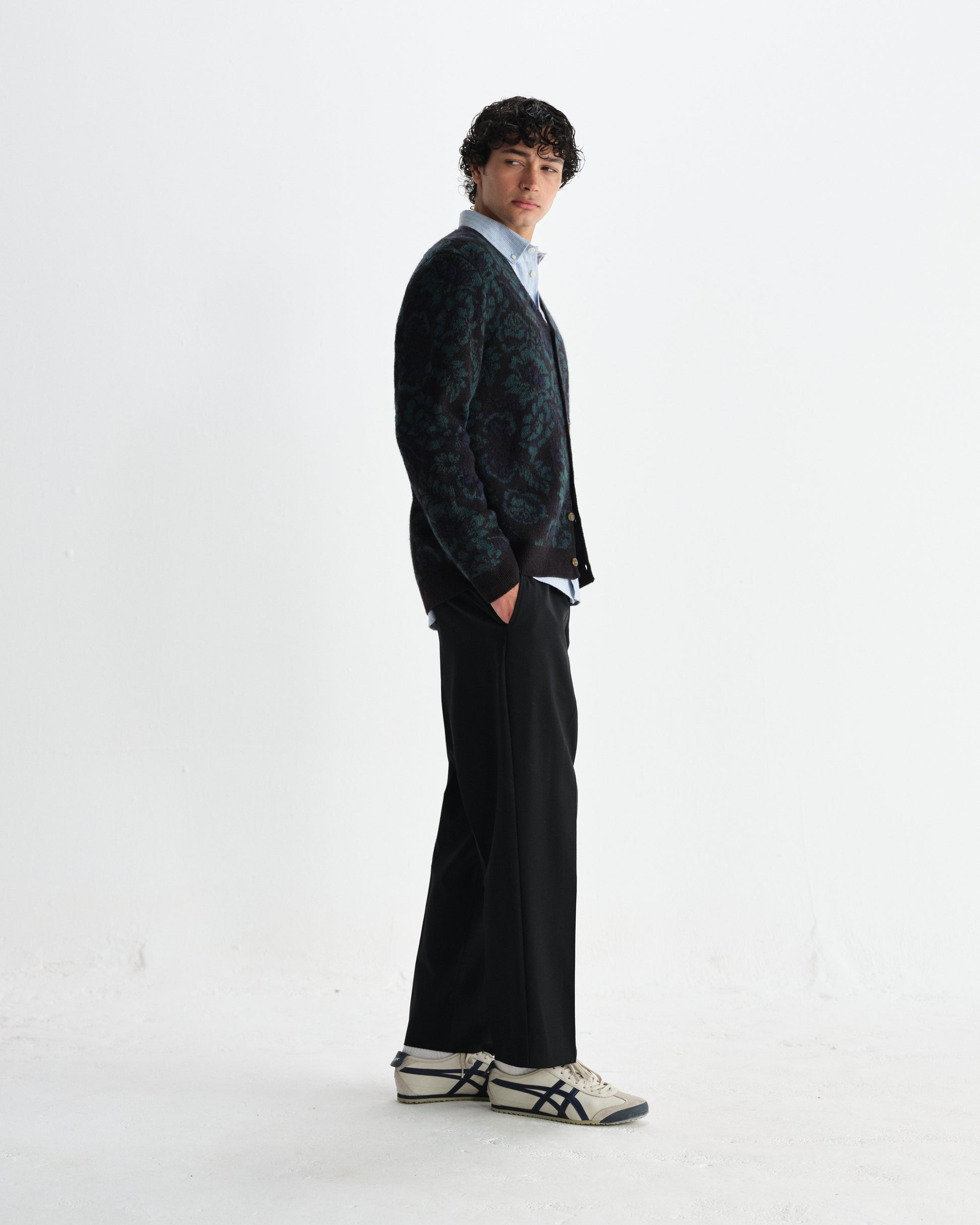 wax london men's Alban - Black And Green Floral Textured Jacquard Cardigan