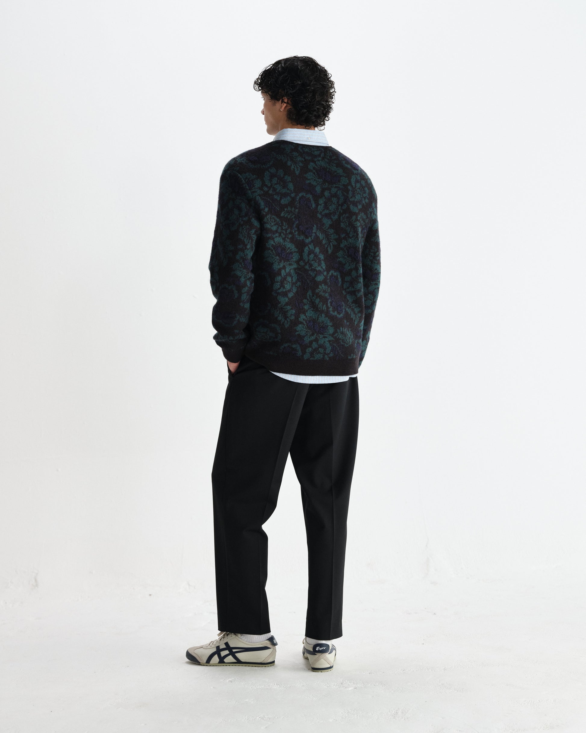 wax london men's Alban - Black And Green Floral Textured Jacquard Cardigan