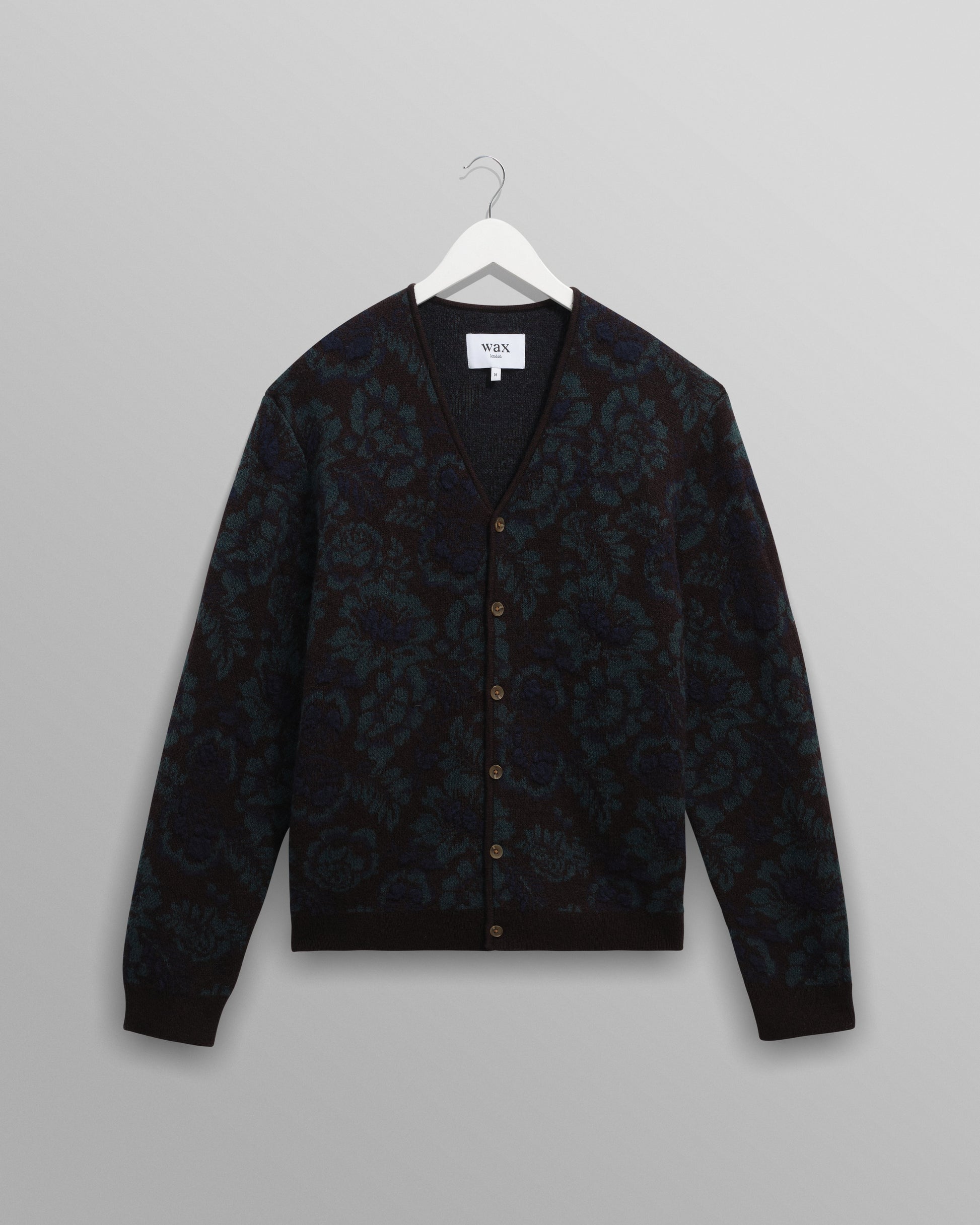 wax london men's Alban - Black And Green Floral Textured Jacquard Cardigan