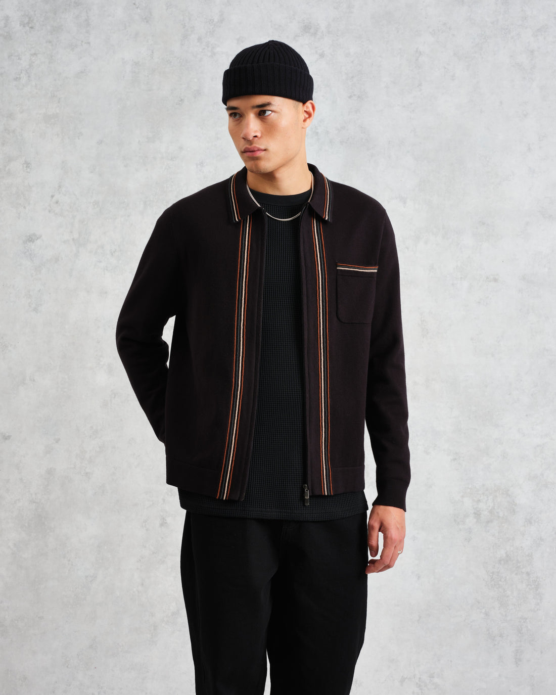 wax london men's Amble - Black Milano-Knit Long Sleeve Polo