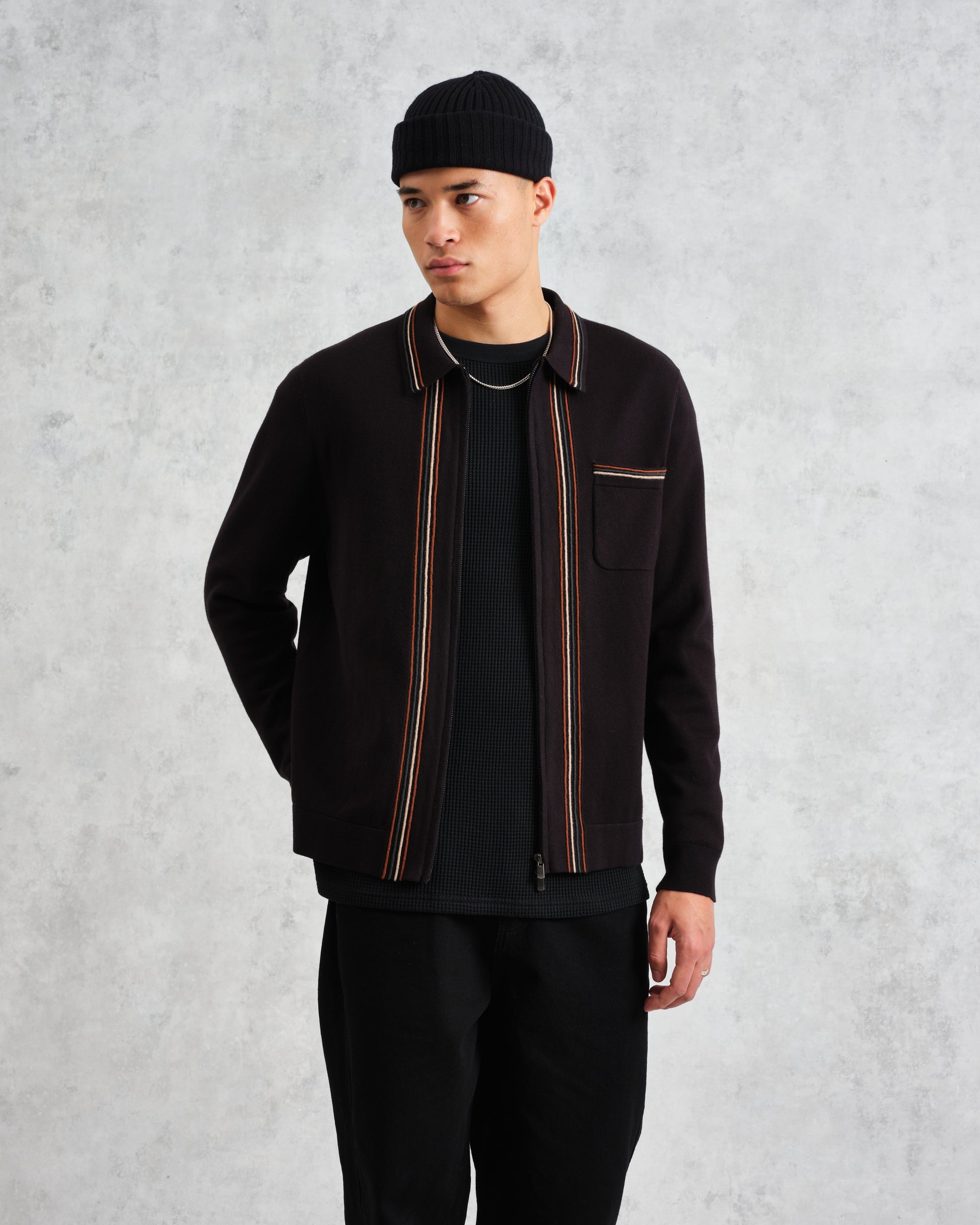 wax london men's Amble - Black Milano-Knit Long Sleeve Polo