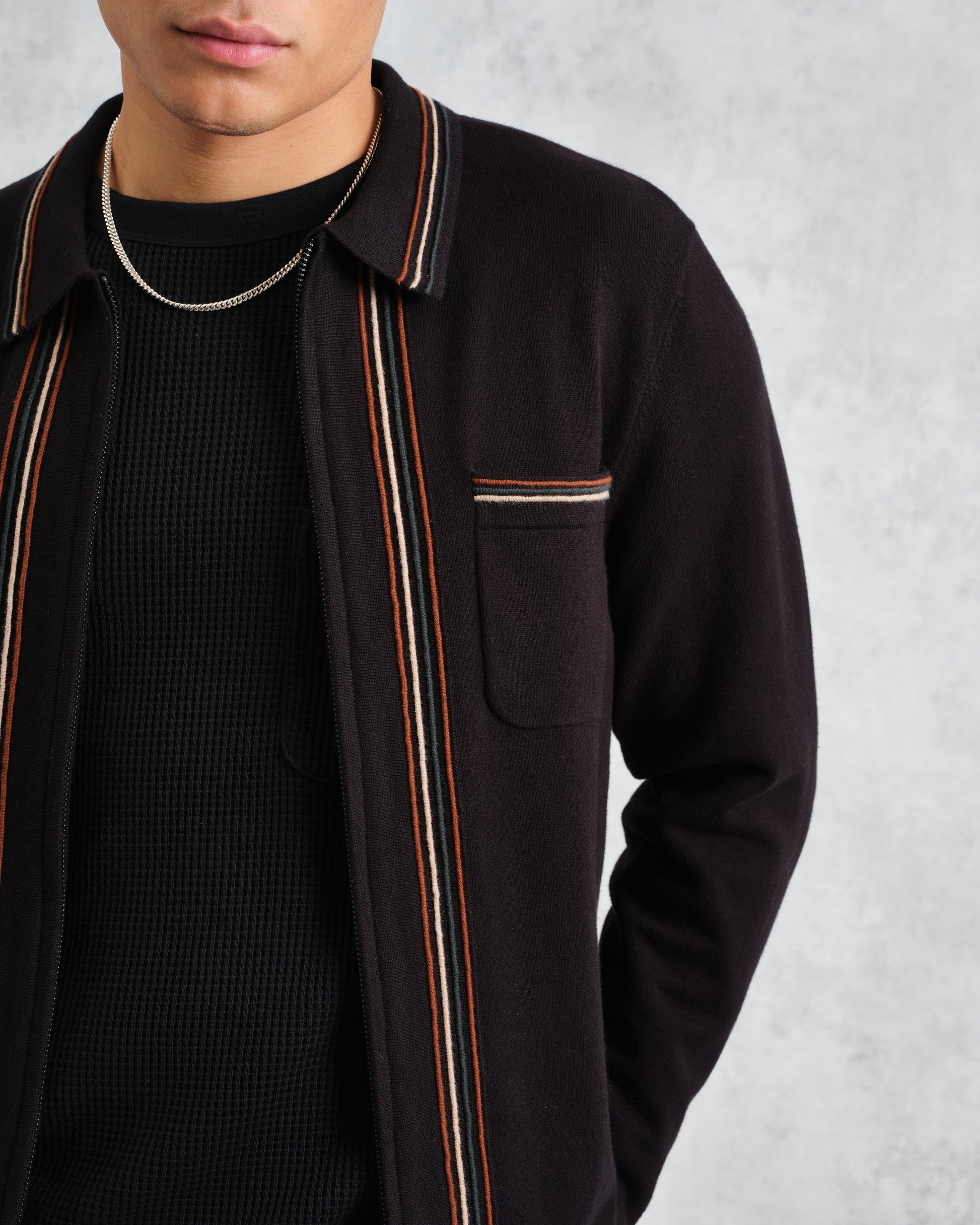 wax london men's Amble - Black Milano-Knit Long Sleeve Polo