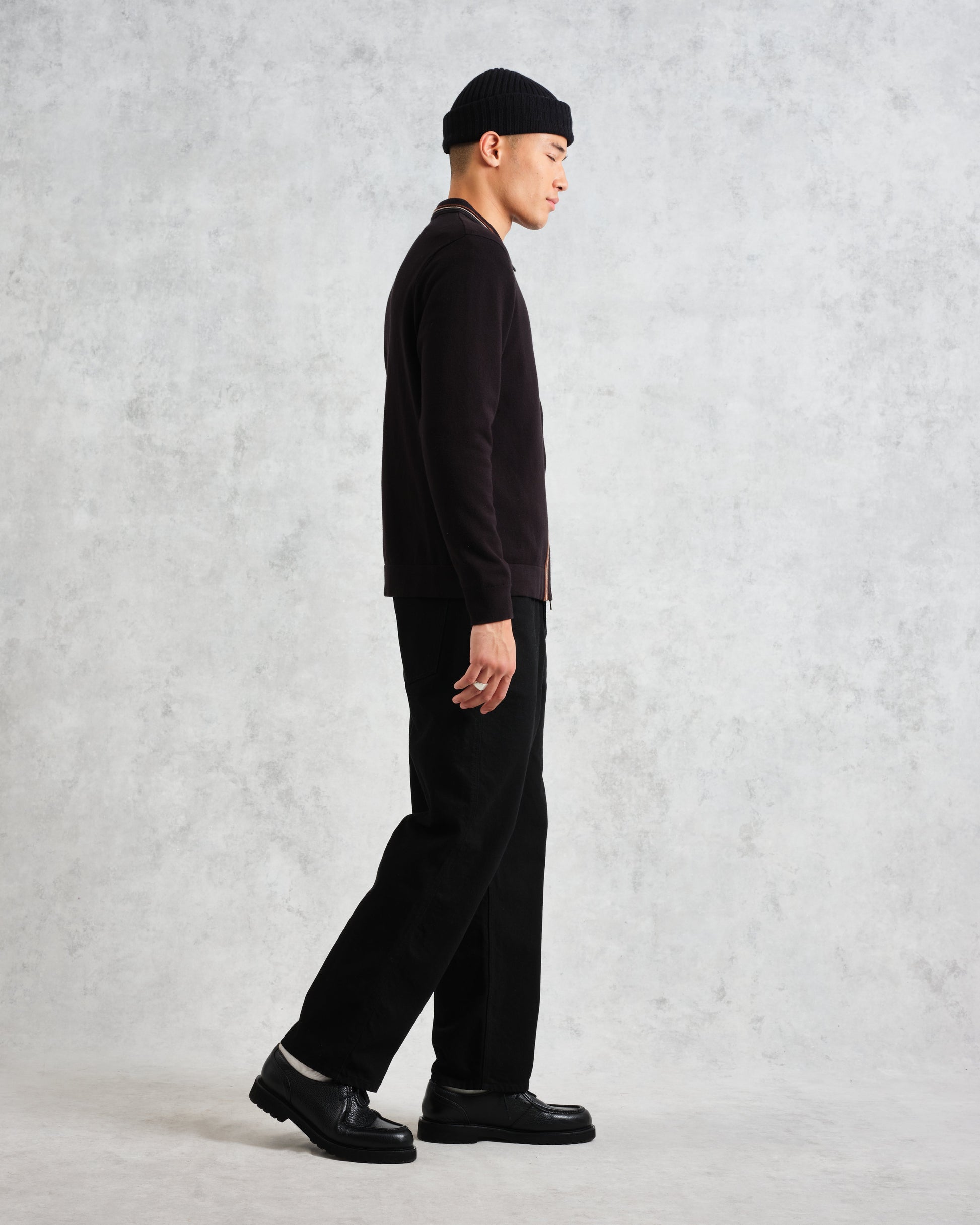 wax london men's Amble - Black Milano-Knit Long Sleeve Polo