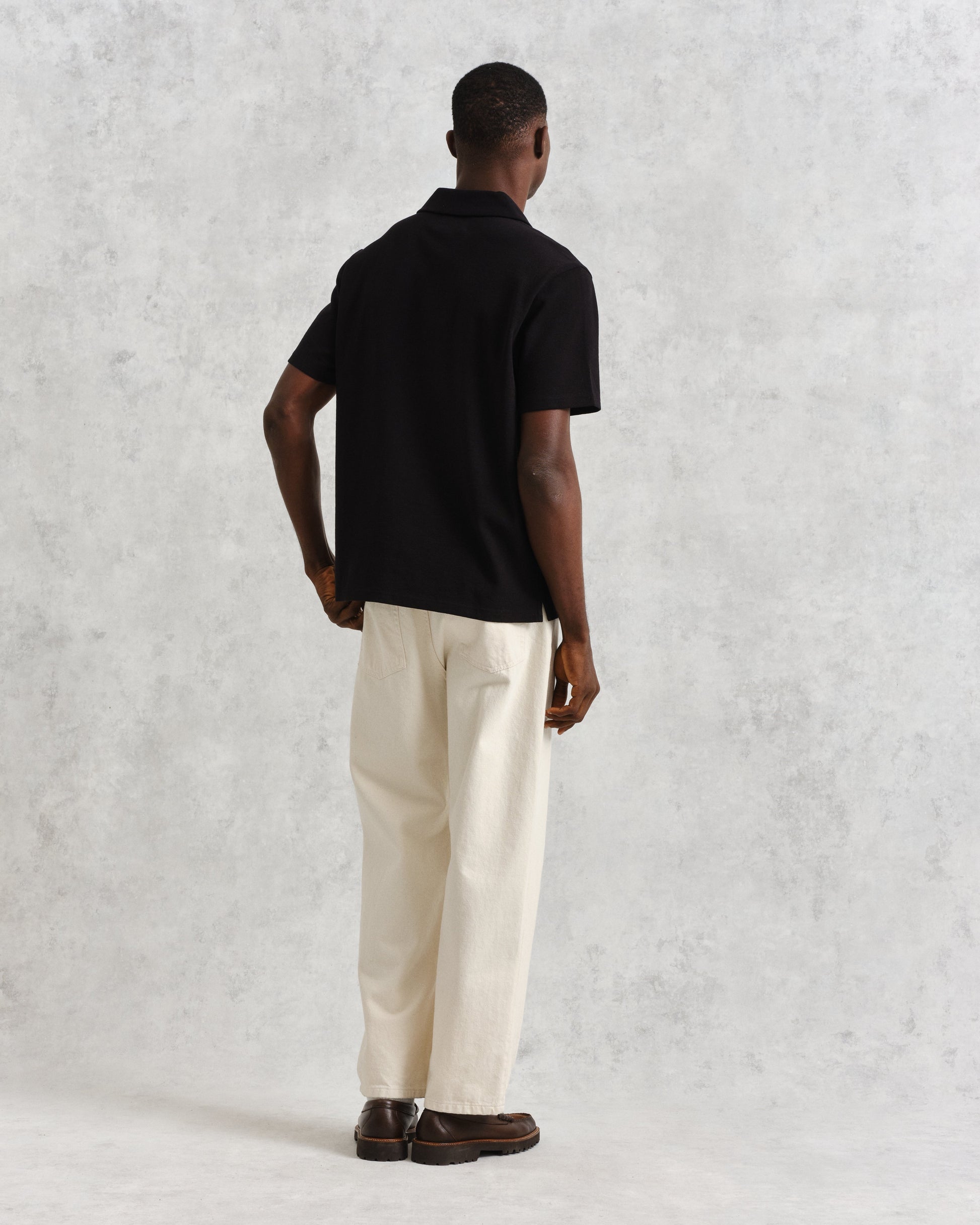 wax london men's Atwood - Black Textured Organic Cotton Polo Shirt