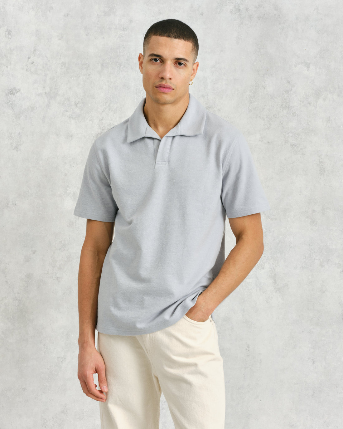 wax london men's Atwood - Blue Textured Organic Cotton Polo Shirt