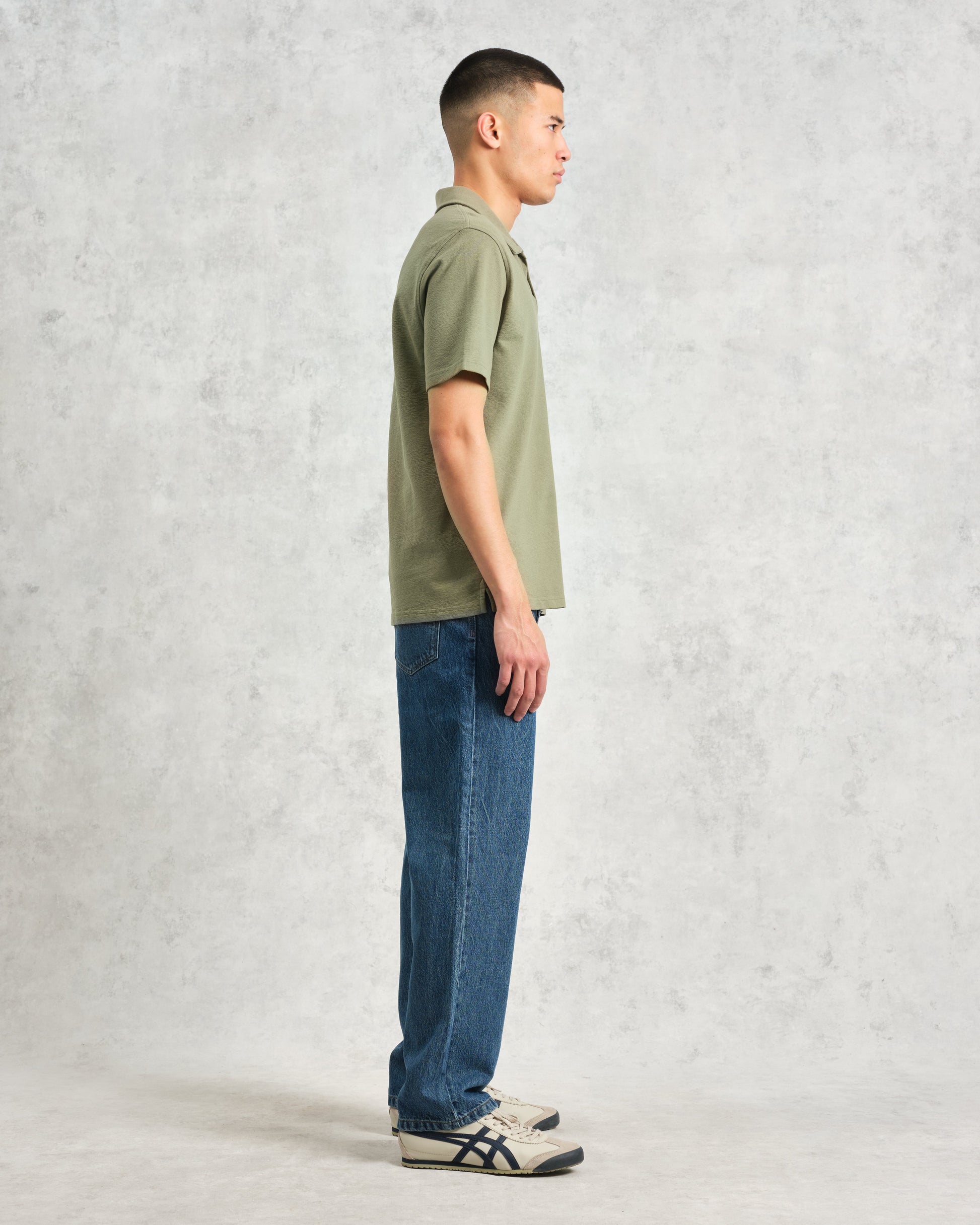 wax london men's Atwood - Green Textured Organic Cotton Polo Shirt