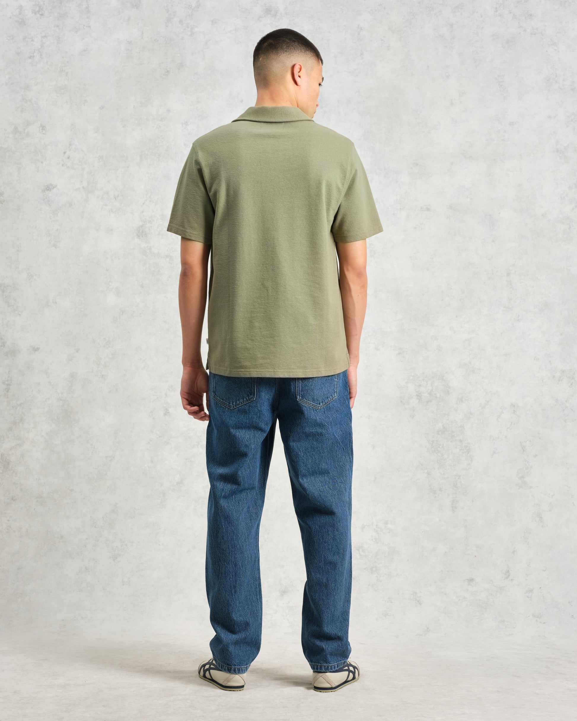 wax london men's Atwood - Green Textured Organic Cotton Polo Shirt