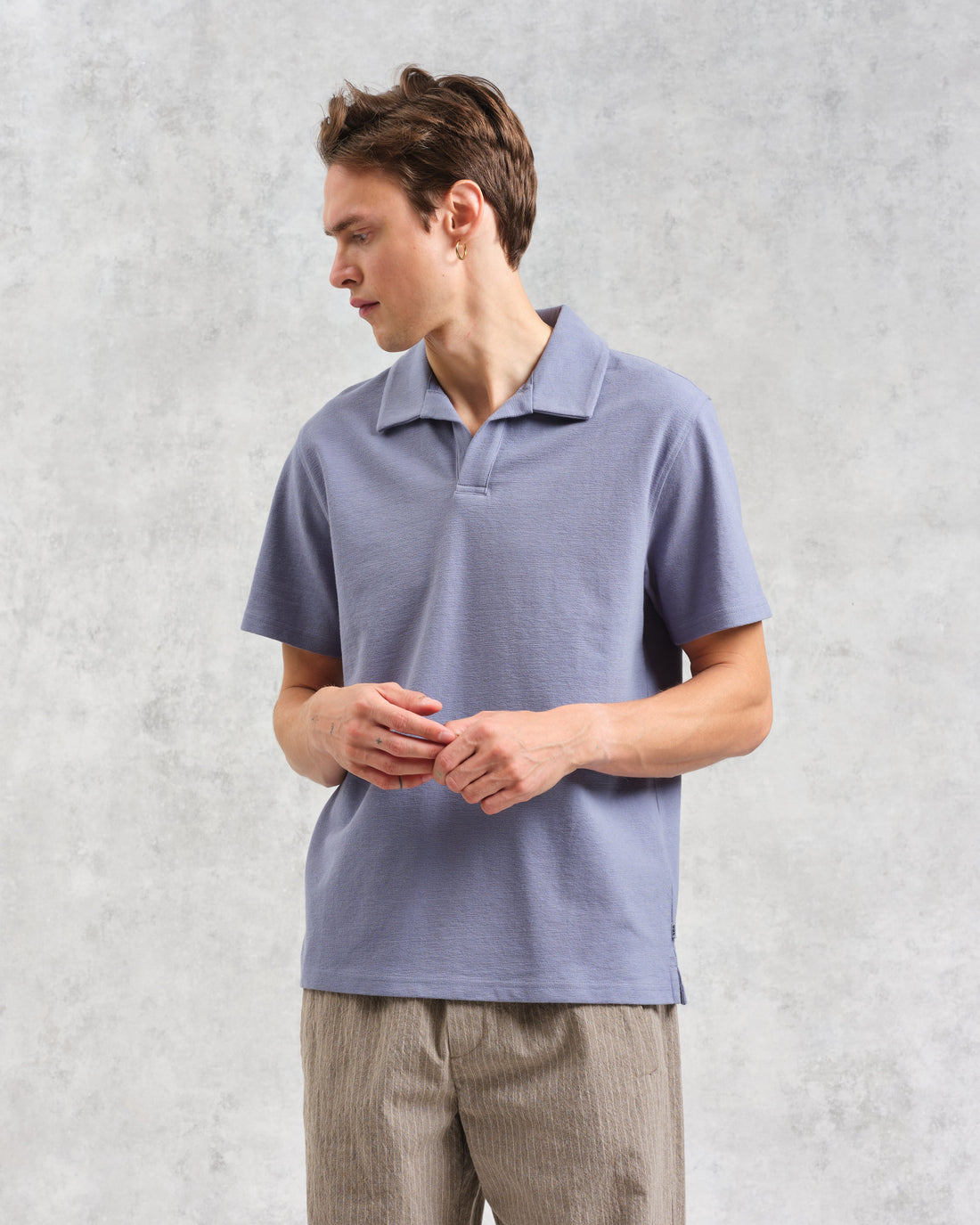wax london men's Atwood - Mid Blue Textured Organic Cotton Polo Shirt