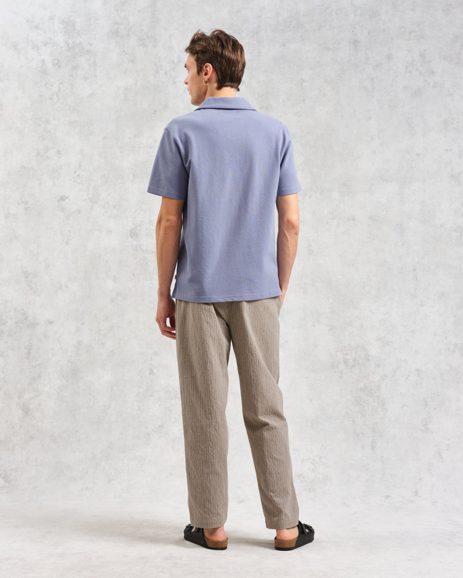 wax london men's Atwood - Mid Blue Textured Organic Cotton Polo Shirt