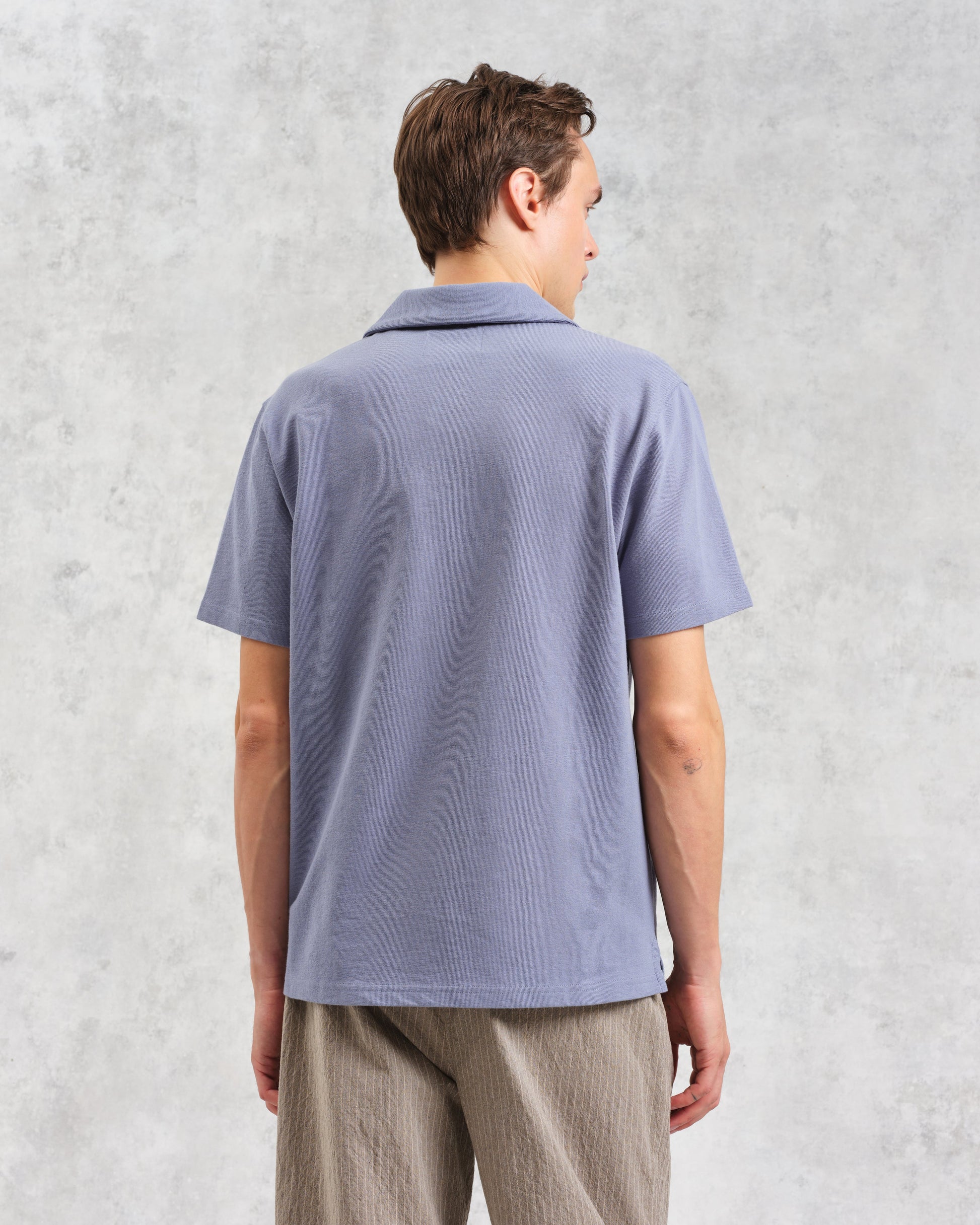 wax london men's Atwood - Mid Blue Textured Organic Cotton Polo Shirt