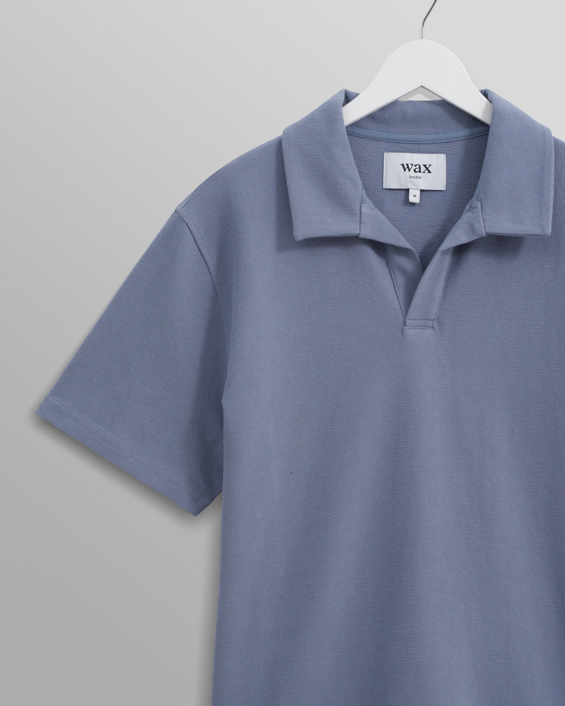 wax london men's Atwood - Mid Blue Textured Organic Cotton Polo Shirt