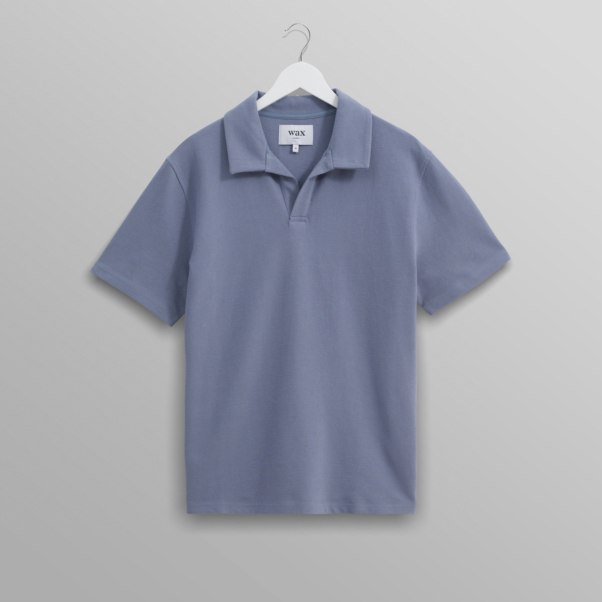 wax london men's Atwood - Mid Blue Textured Organic Cotton Polo Shirt