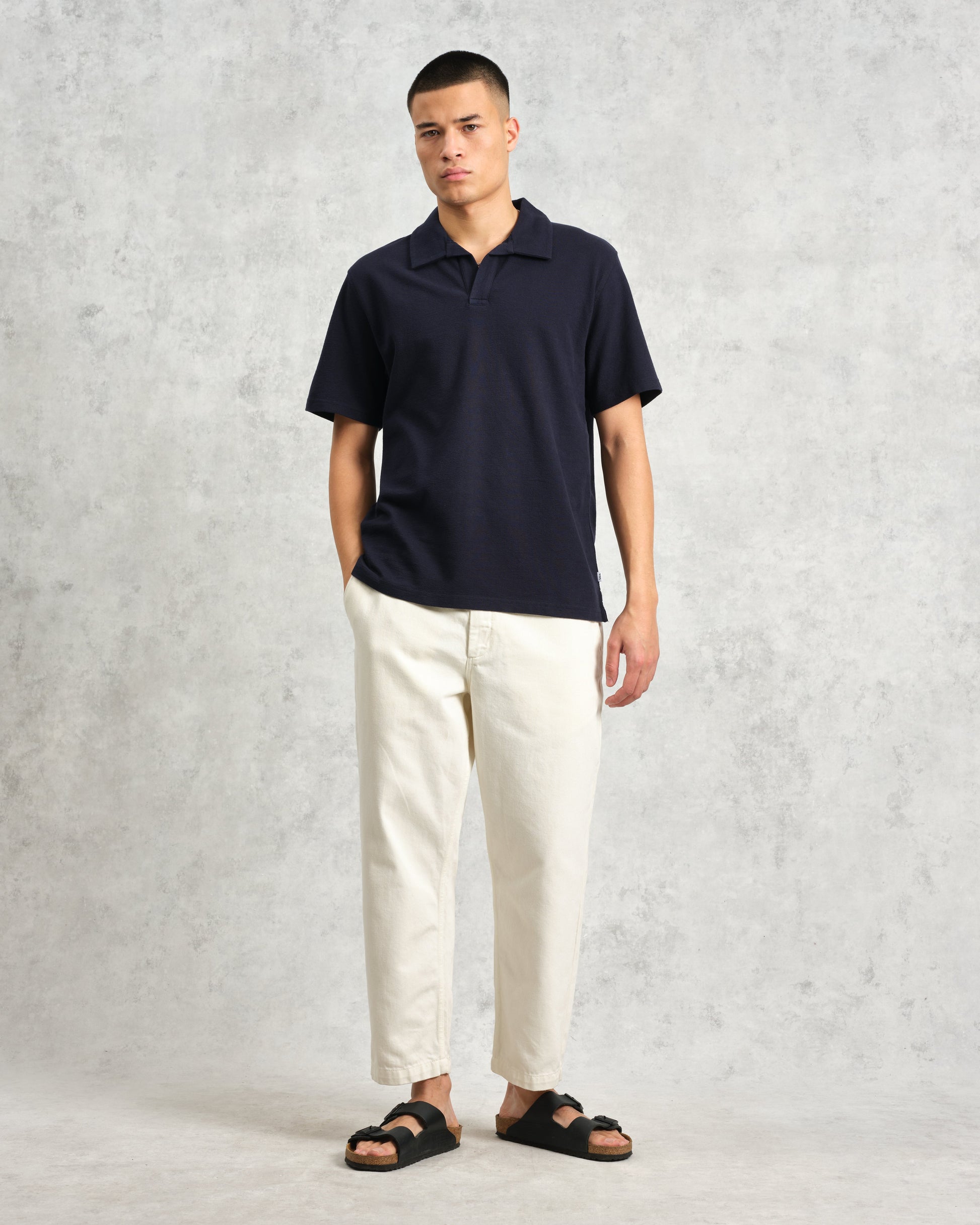 wax london men's Atwood - Navy Textured Organic Cotton Polo Shirt