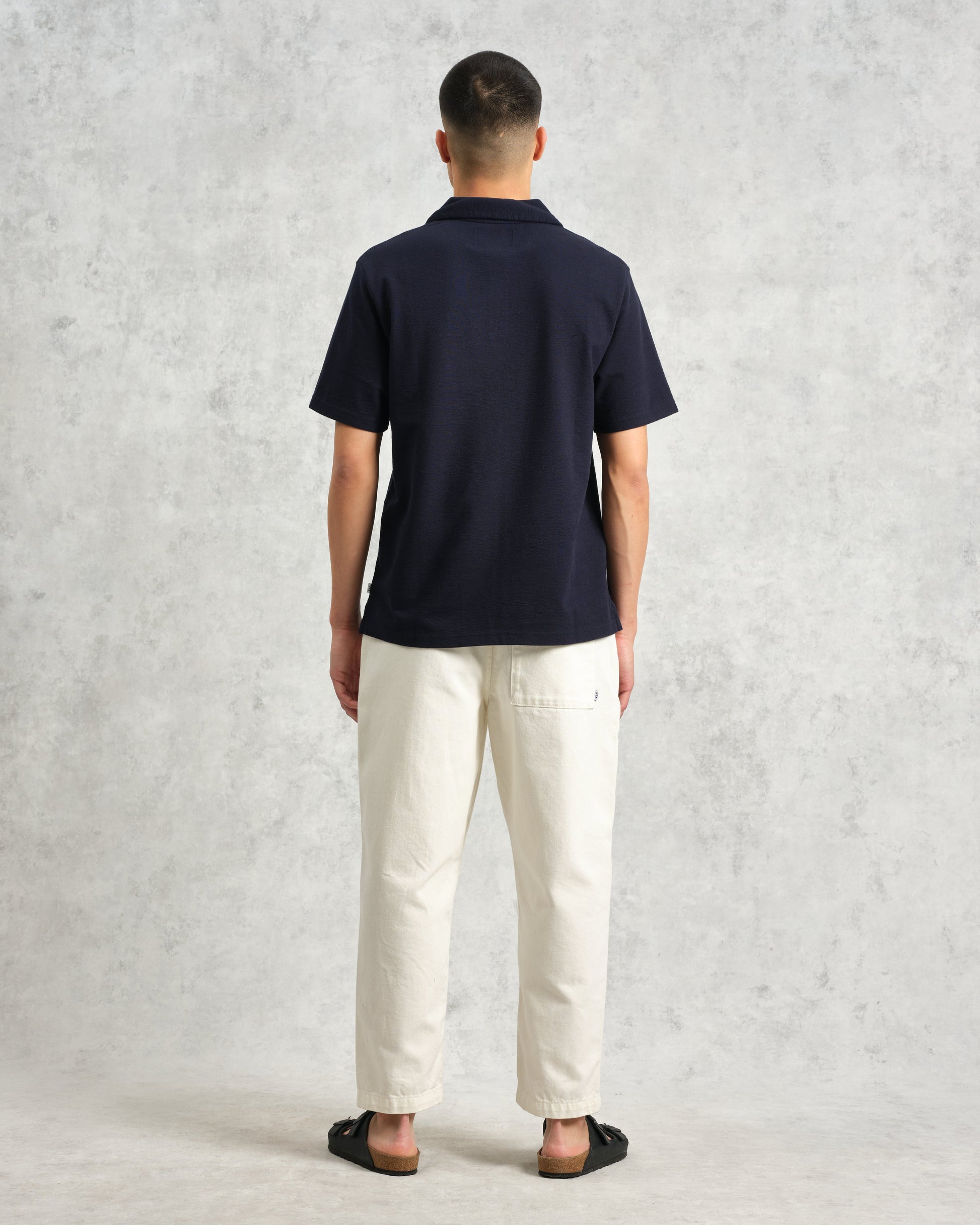 wax london men's Atwood - Navy Textured Organic Cotton Polo Shirt