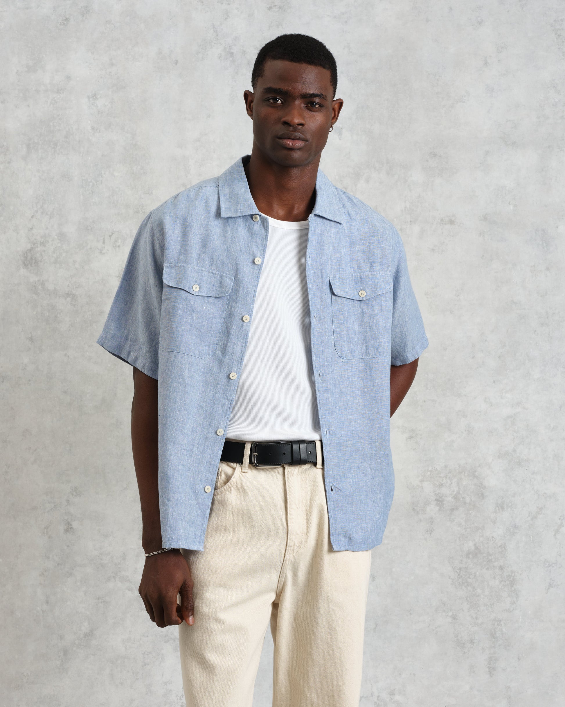wax london men's Bartlett - Blue Two-Tone Linen Short-Sleeve Shirt
