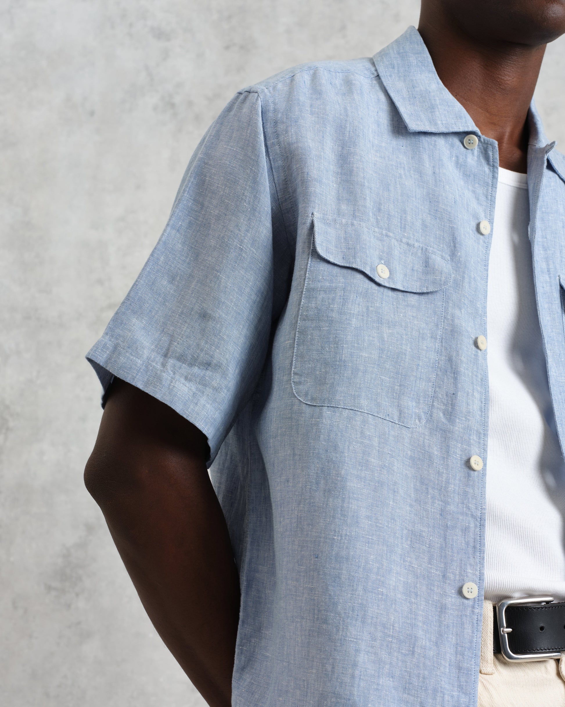 wax london men's Bartlett - Blue Two-Tone Linen Short-Sleeve Shirt