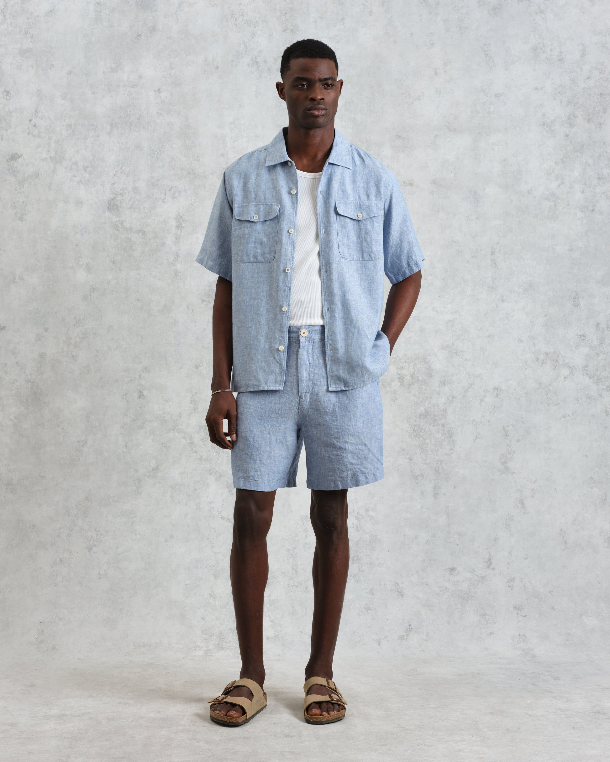 wax london men's Bartlett - Blue Two-Tone Linen Short-Sleeve Shirt