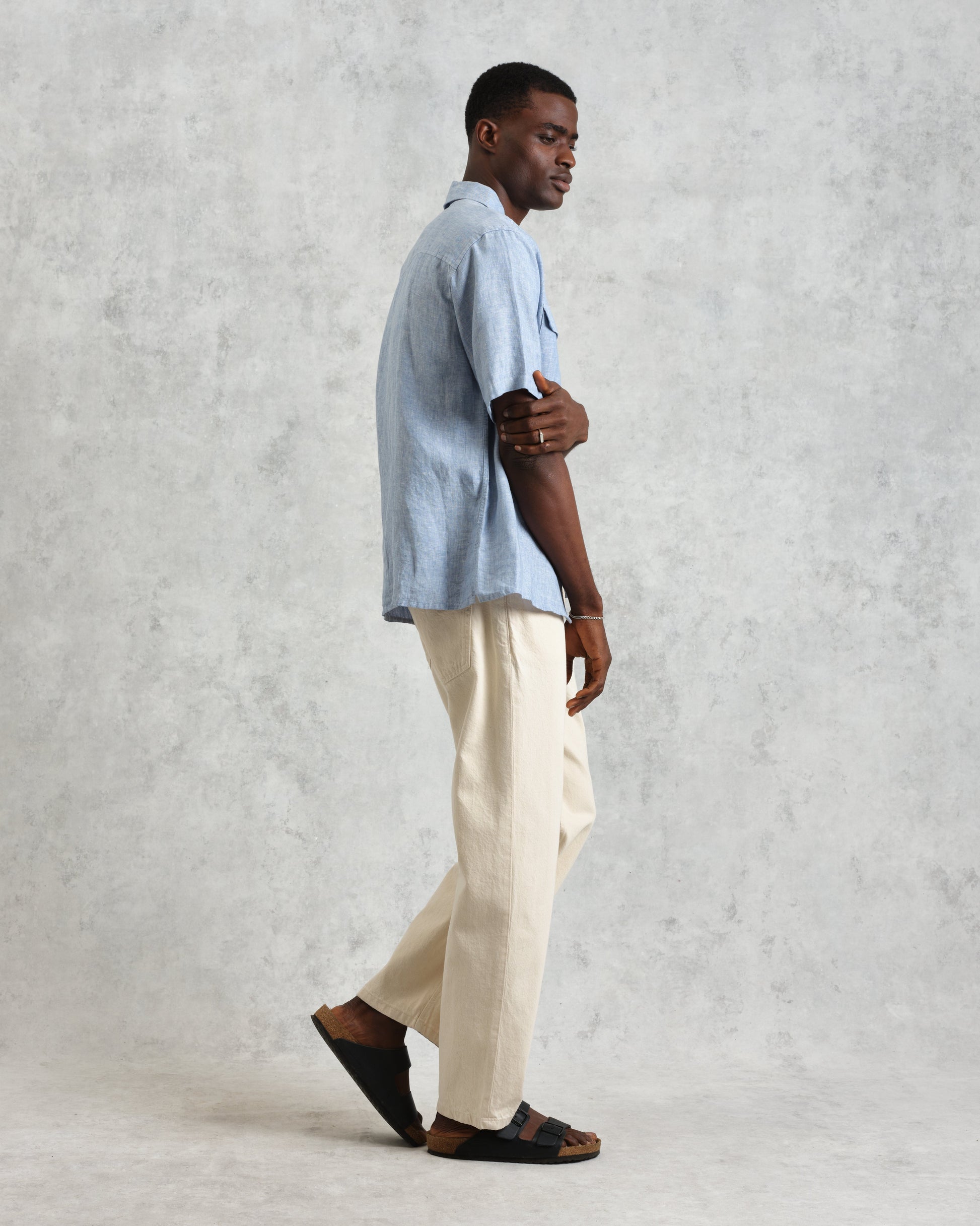 wax london men's Bartlett - Blue Two-Tone Linen Short-Sleeve Shirt