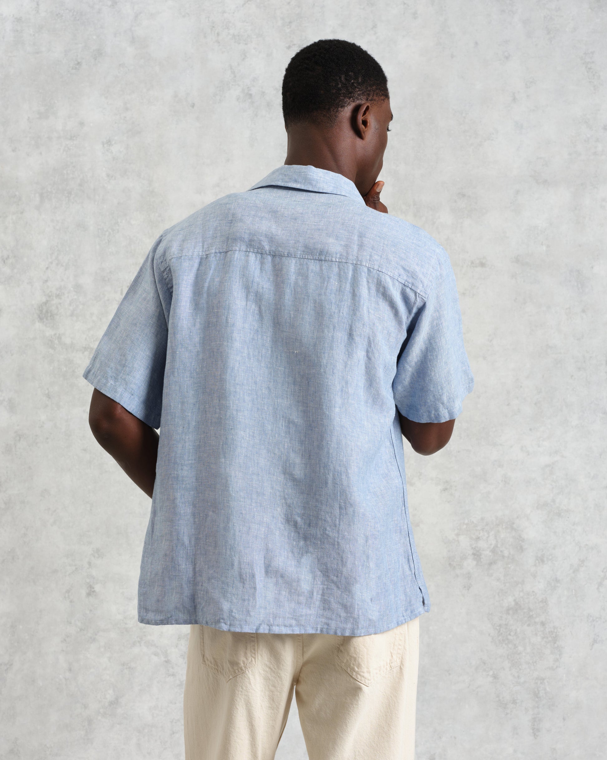 wax london men's Bartlett - Blue Two-Tone Linen Short-Sleeve Shirt