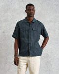 wax london men's Bartlett - Dark Green Two-Tone Linen Short-Sleeve Shirt