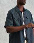 wax london men's Bartlett - Dark Green Two-Tone Linen Short-Sleeve Shirt
