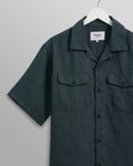 wax london men's Bartlett - Dark Green Two-Tone Linen Short-Sleeve Shirt