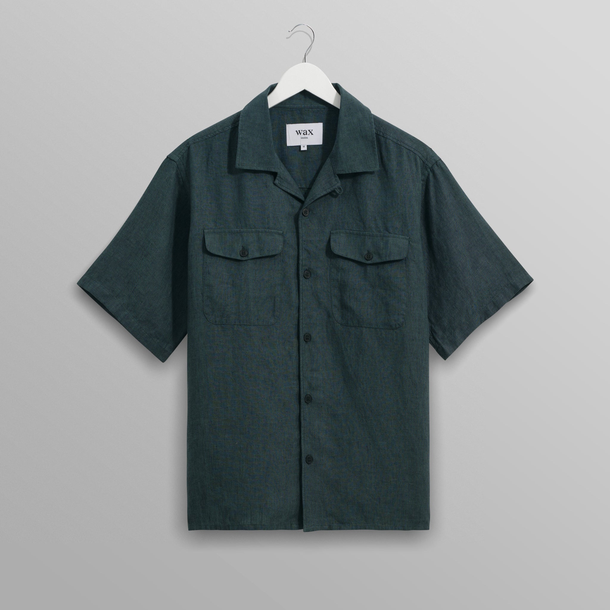 wax london men's Bartlett - Dark Green Two-Tone Linen Short-Sleeve Shirt