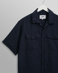 wax london men's Bartlett - Navy Two-Tone Linen Short-Sleeve Shirt