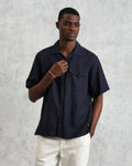 wax london men's Bartlett - Navy Two-Tone Linen Short-Sleeve Shirt