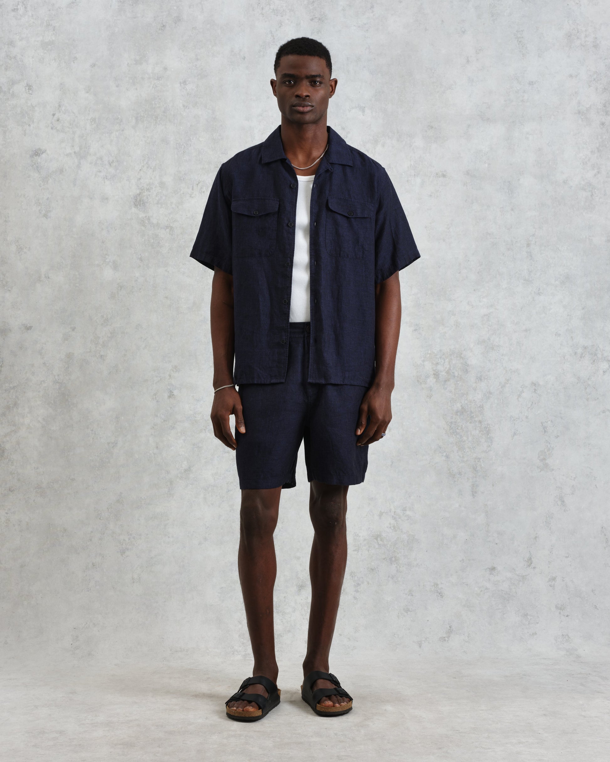 wax london men's Bartlett - Navy Two-Tone Linen Short-Sleeve Shirt