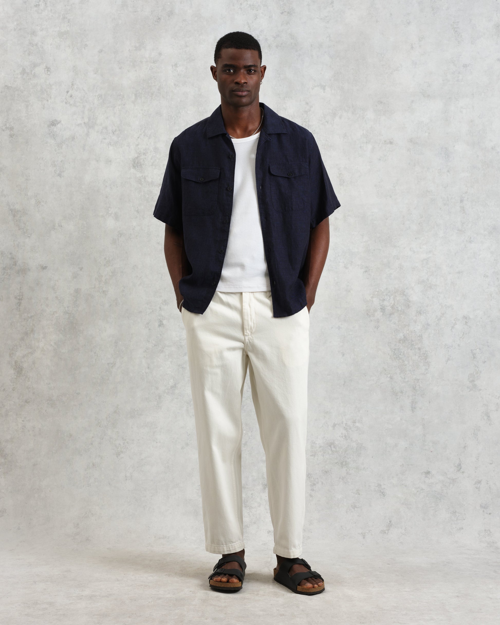 wax london men's Bartlett - Navy Two-Tone Linen Short-Sleeve Shirt