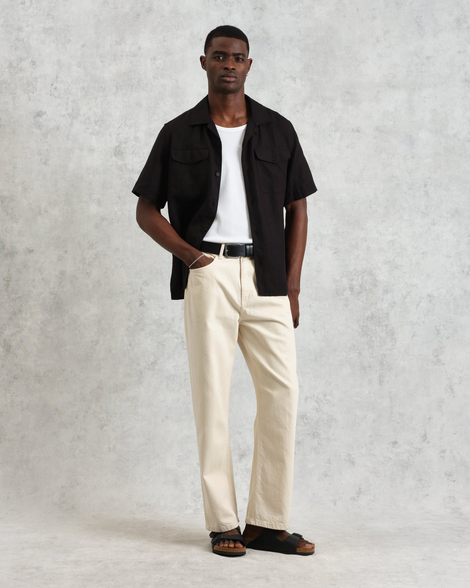 wax london men's Bartlett - Washed Black Linen Short-Sleeve Shirt