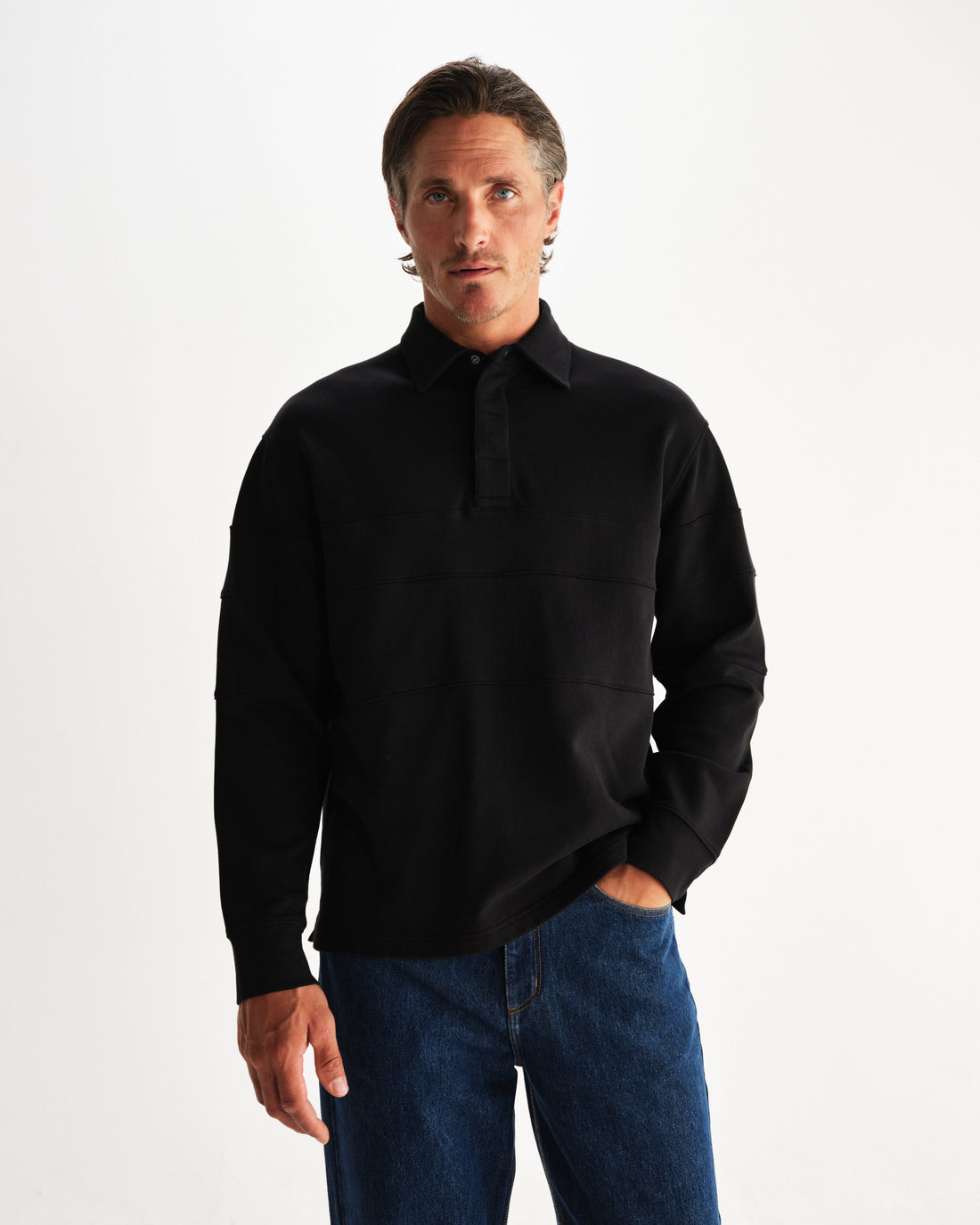 wax london men's Blen - Black Organic Cotton Rugby Shirt