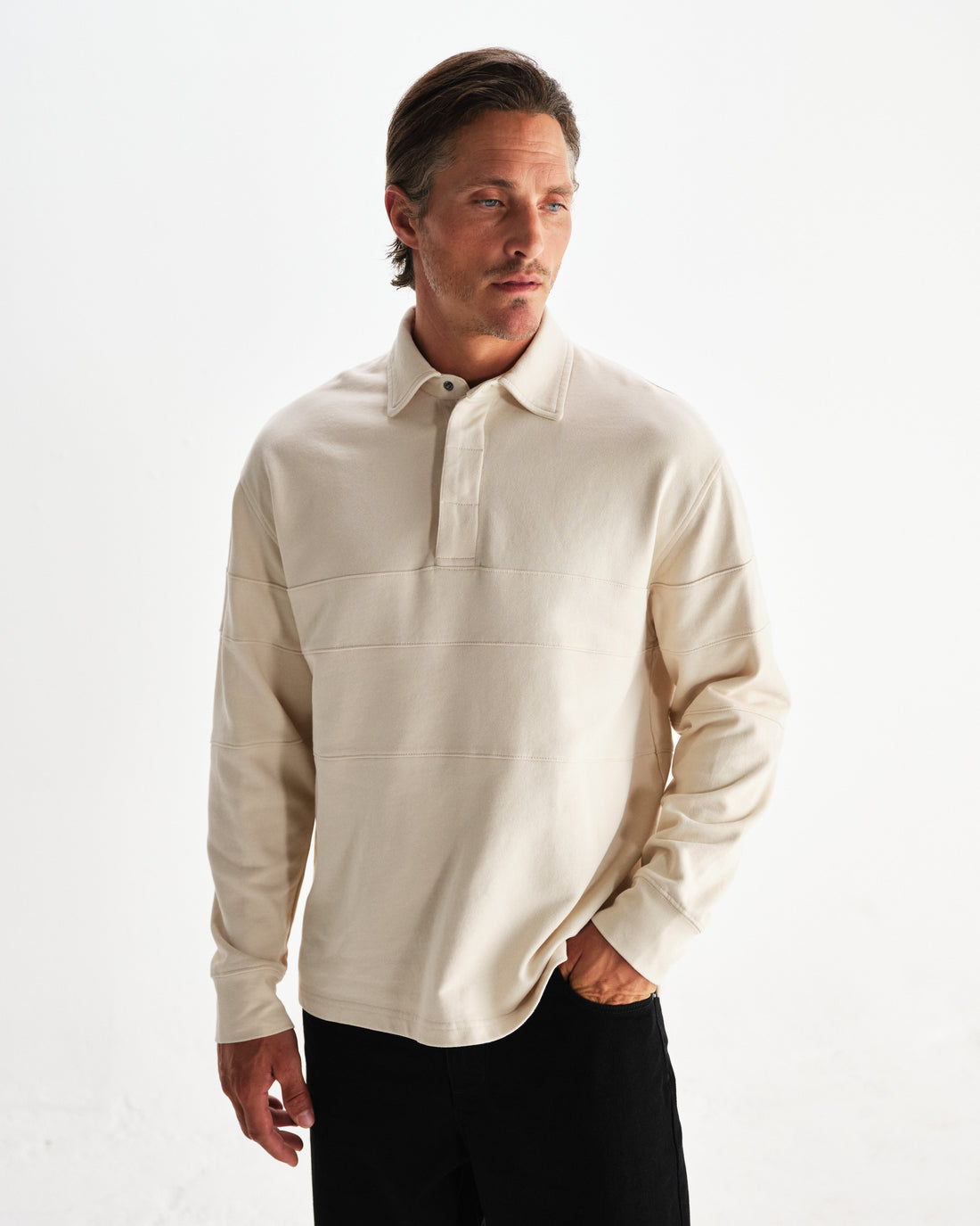 wax london men's Blen - Ecru Organic Cotton Rugby Shirt