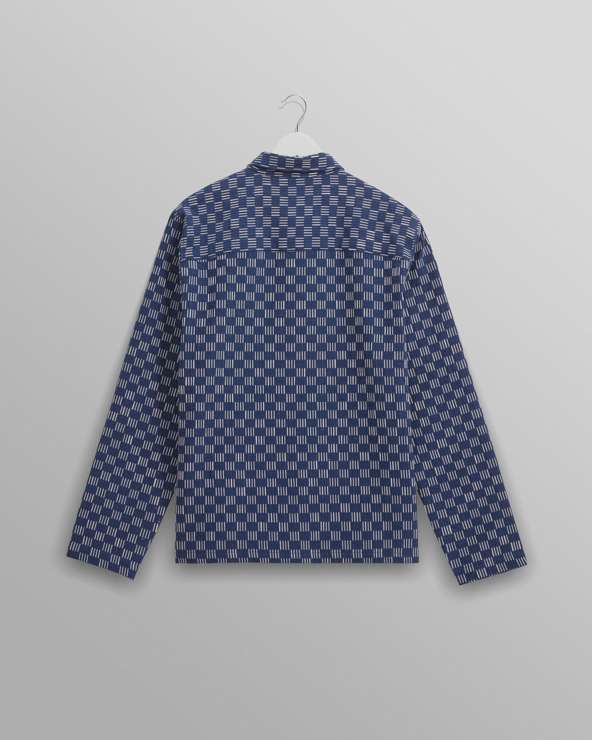wax london men's Breton - Indigo And Ecru Geometric Grid Stitch Overshirt