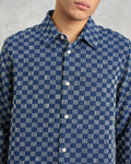 wax london men's Breton - Indigo And Ecru Geometric Grid Stitch Overshirt
