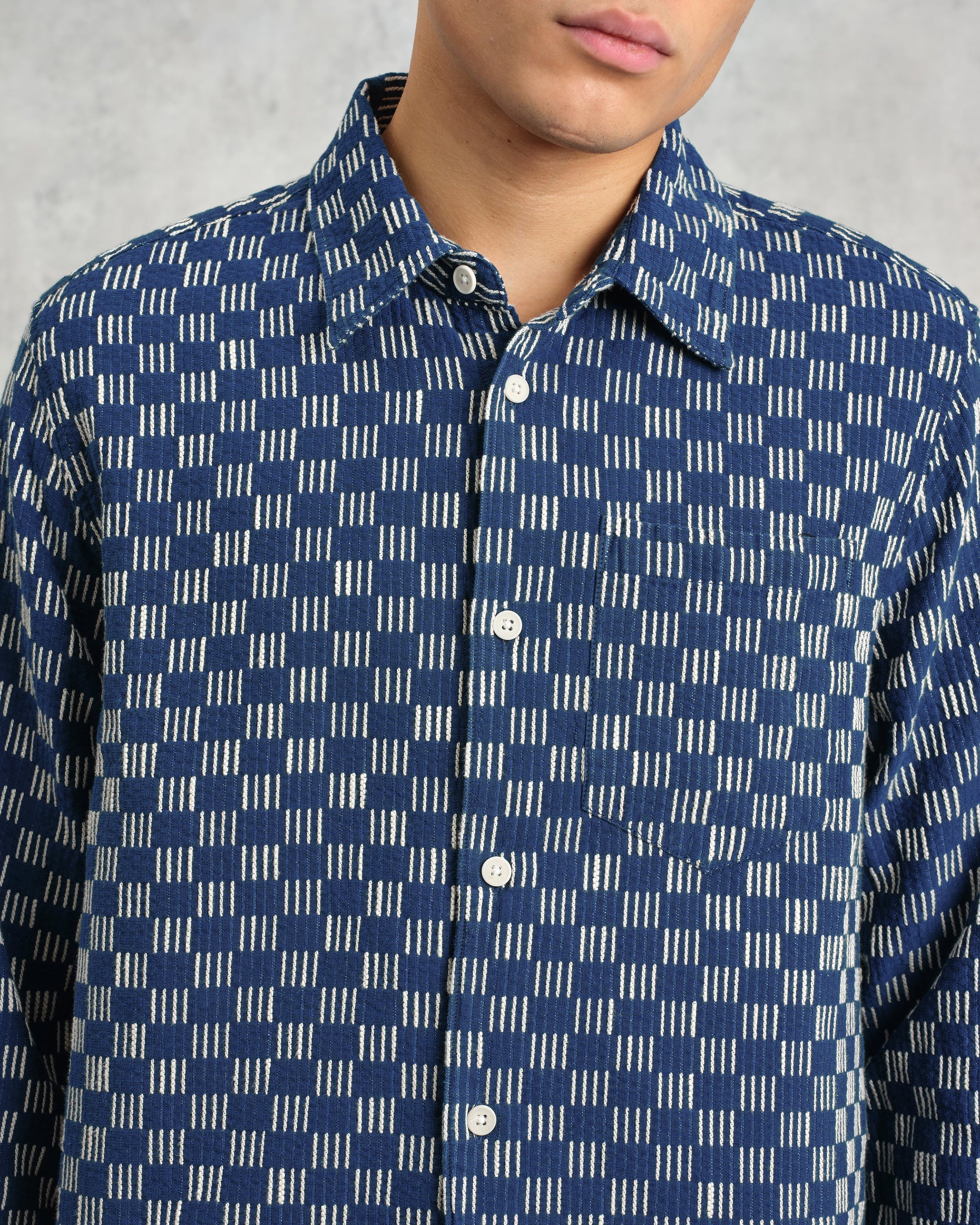 wax london men's Breton - Indigo And Ecru Geometric Grid Stitch Overshirt