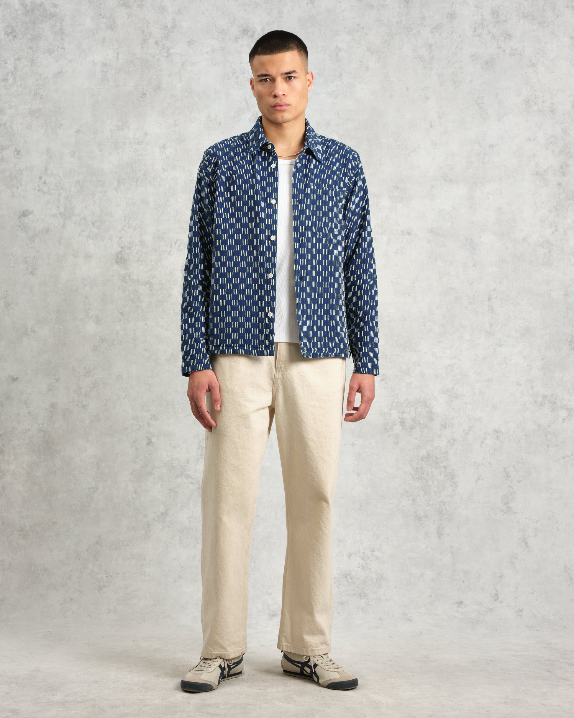 wax london men's Breton - Indigo And Ecru Geometric Grid Stitch Overshirt