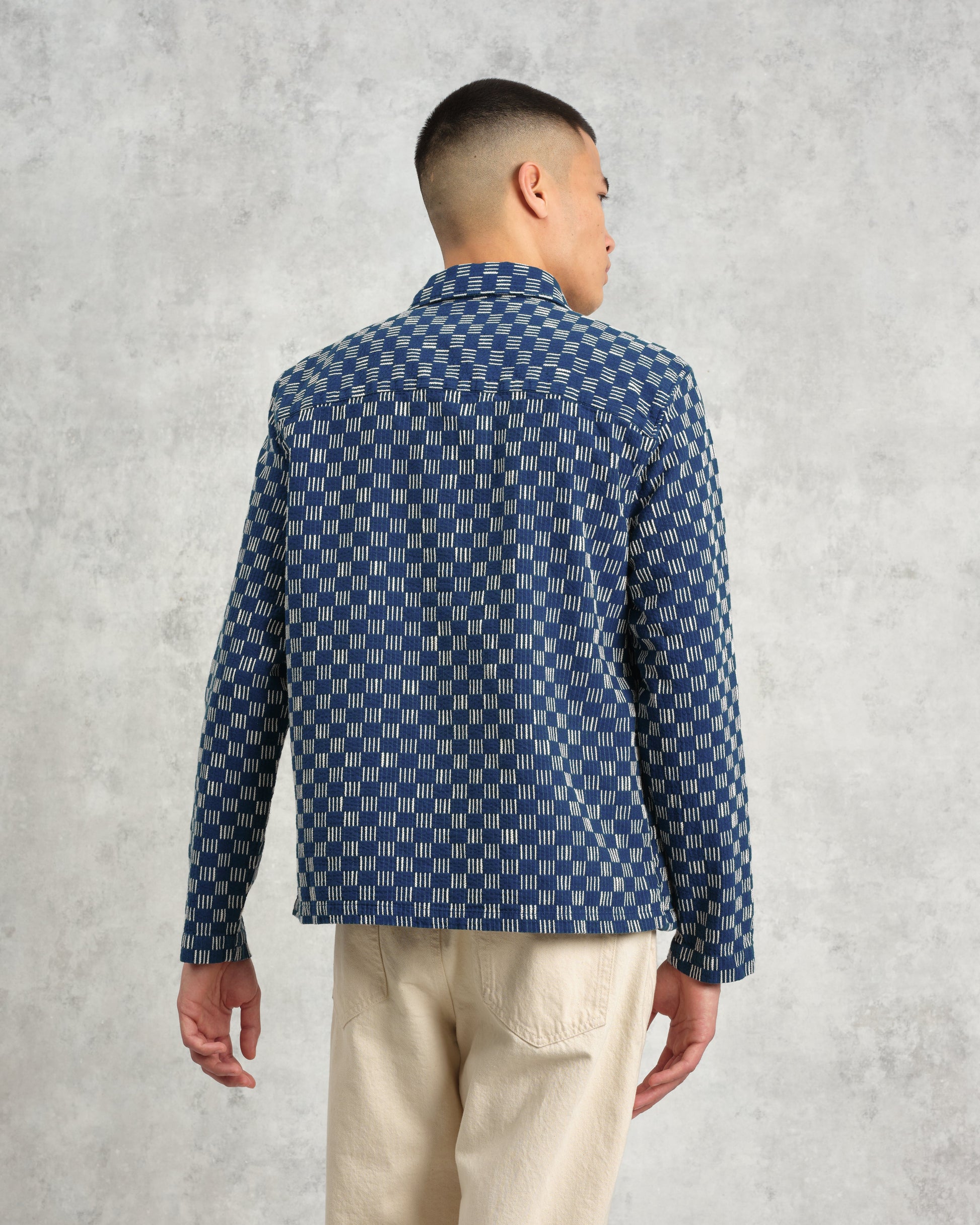 wax london men's Breton - Indigo And Ecru Geometric Grid Stitch Overshirt