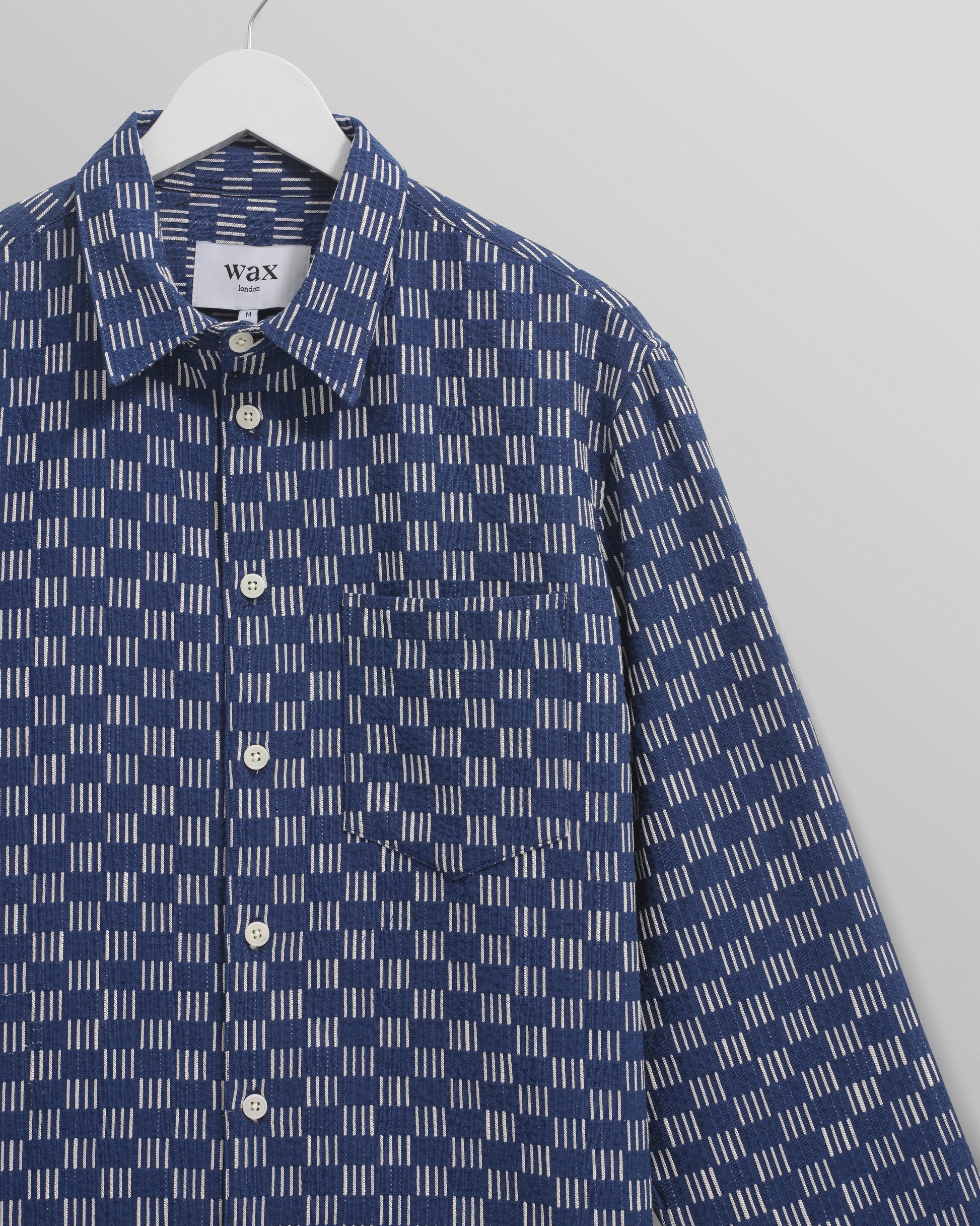 wax london men's Breton - Indigo And Ecru Geometric Grid Stitch Overshirt