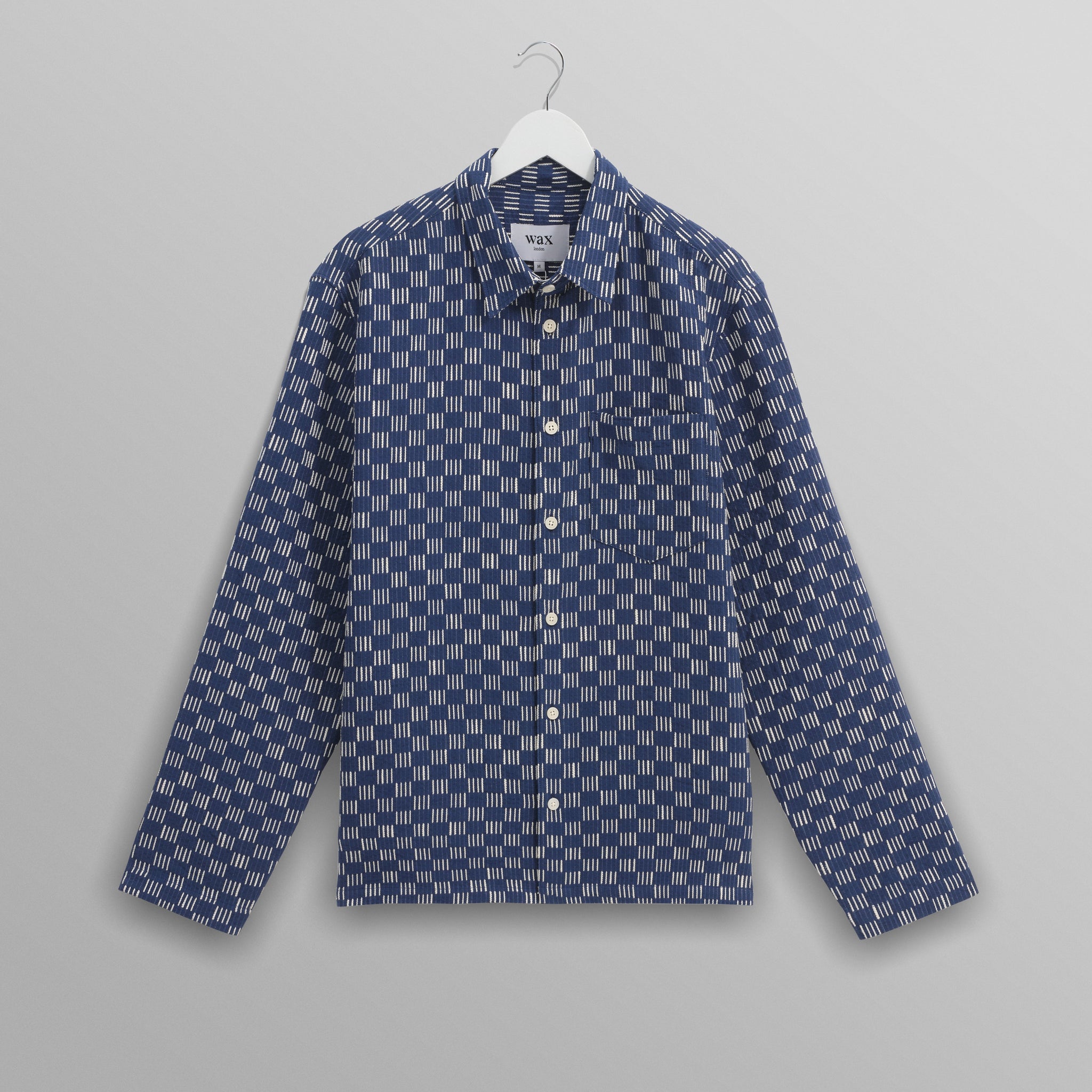 wax london men's Breton - Indigo And Ecru Geometric Grid Stitch Overshirt