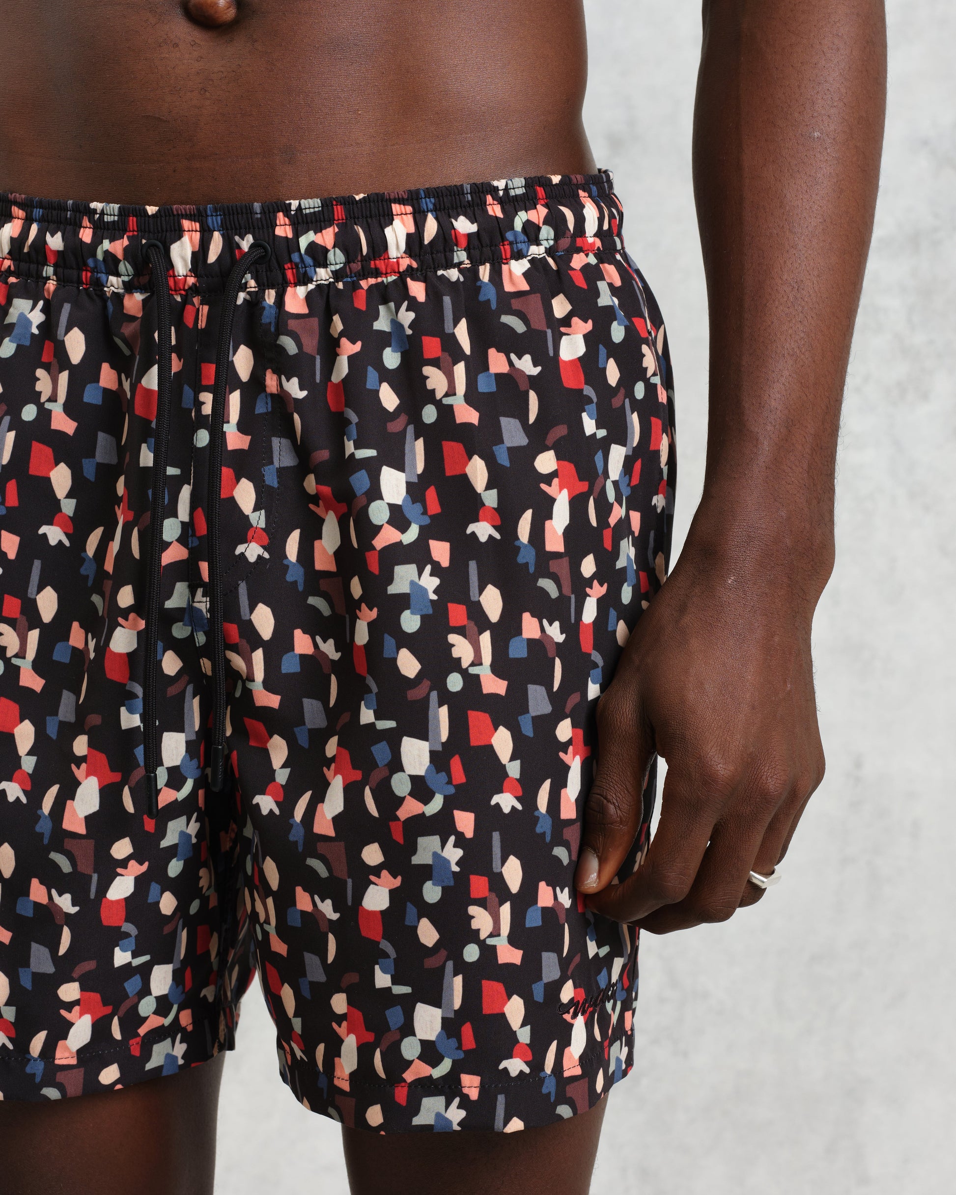 wax london men's Brockwell - Black Geometric Logo Swim Shorts